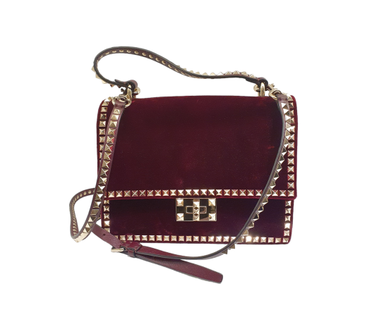 Valentino Dark Red Velvet Garavani Rockstud Tote Bag