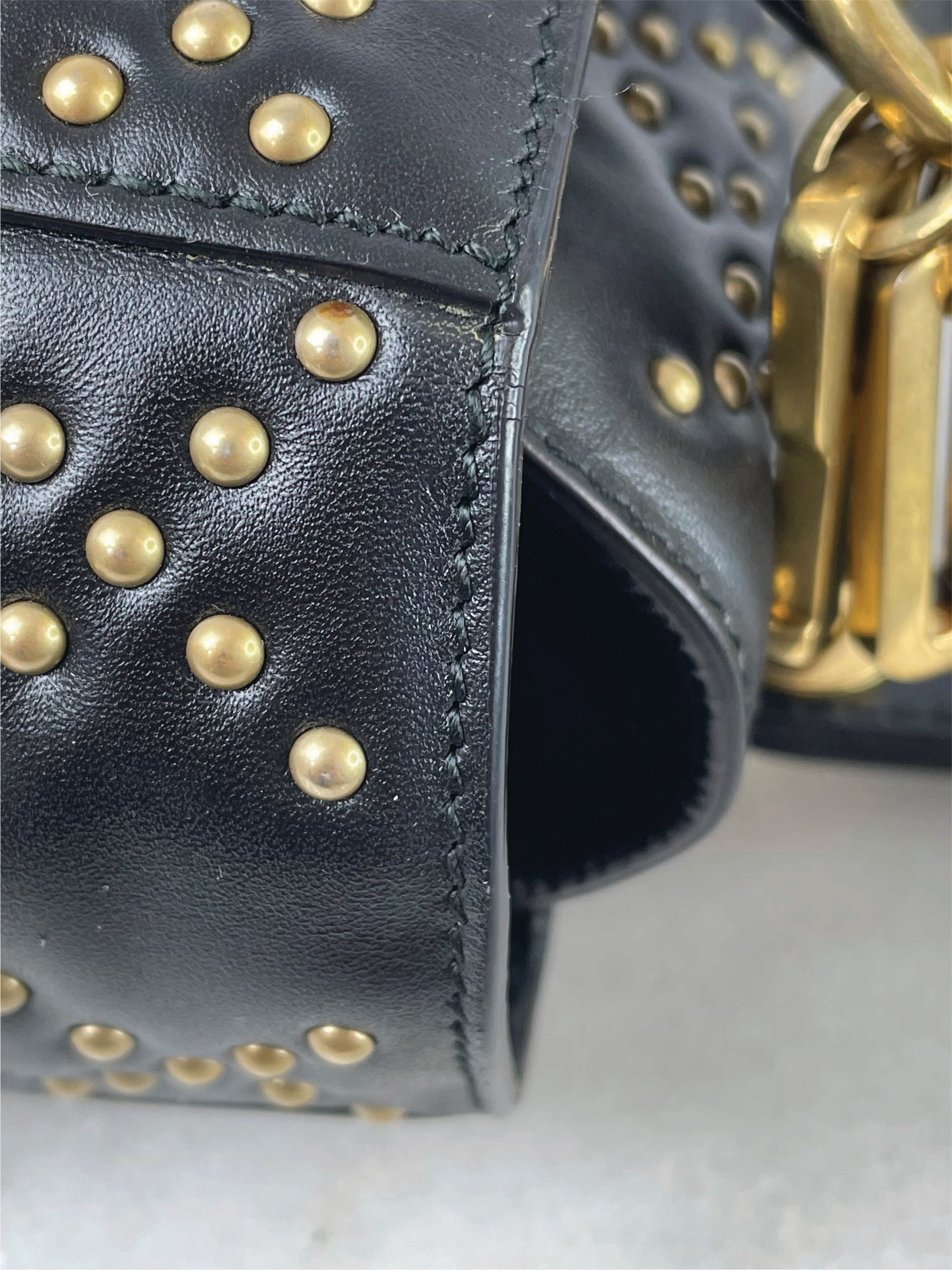 Christian Dior Black Supple Lady Dior Medium Studded Hand Bag W/ Strap