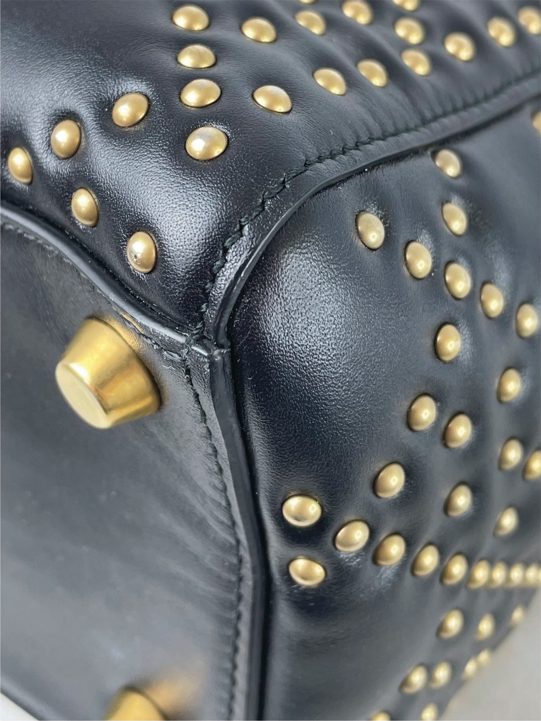 Christian Dior Black Supple Lady Dior Medium Studded Hand Bag W/ Strap