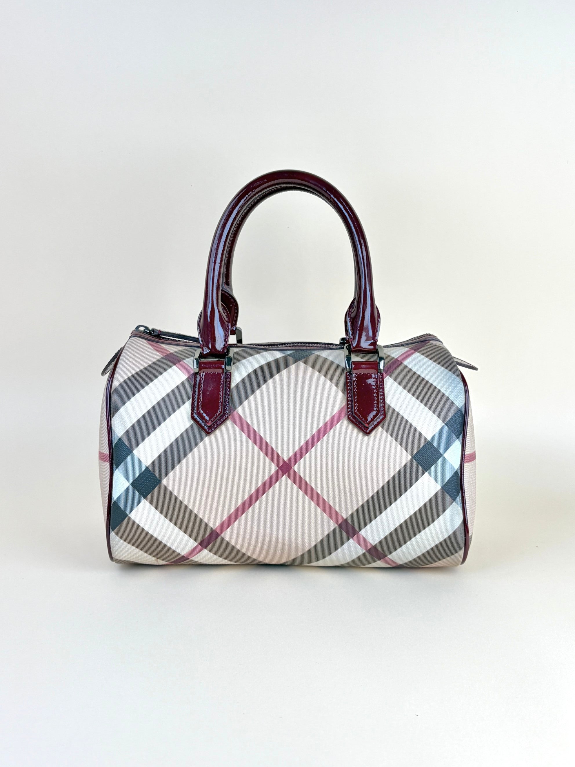 Burberry red patent leather super nova checks bowling tote bag