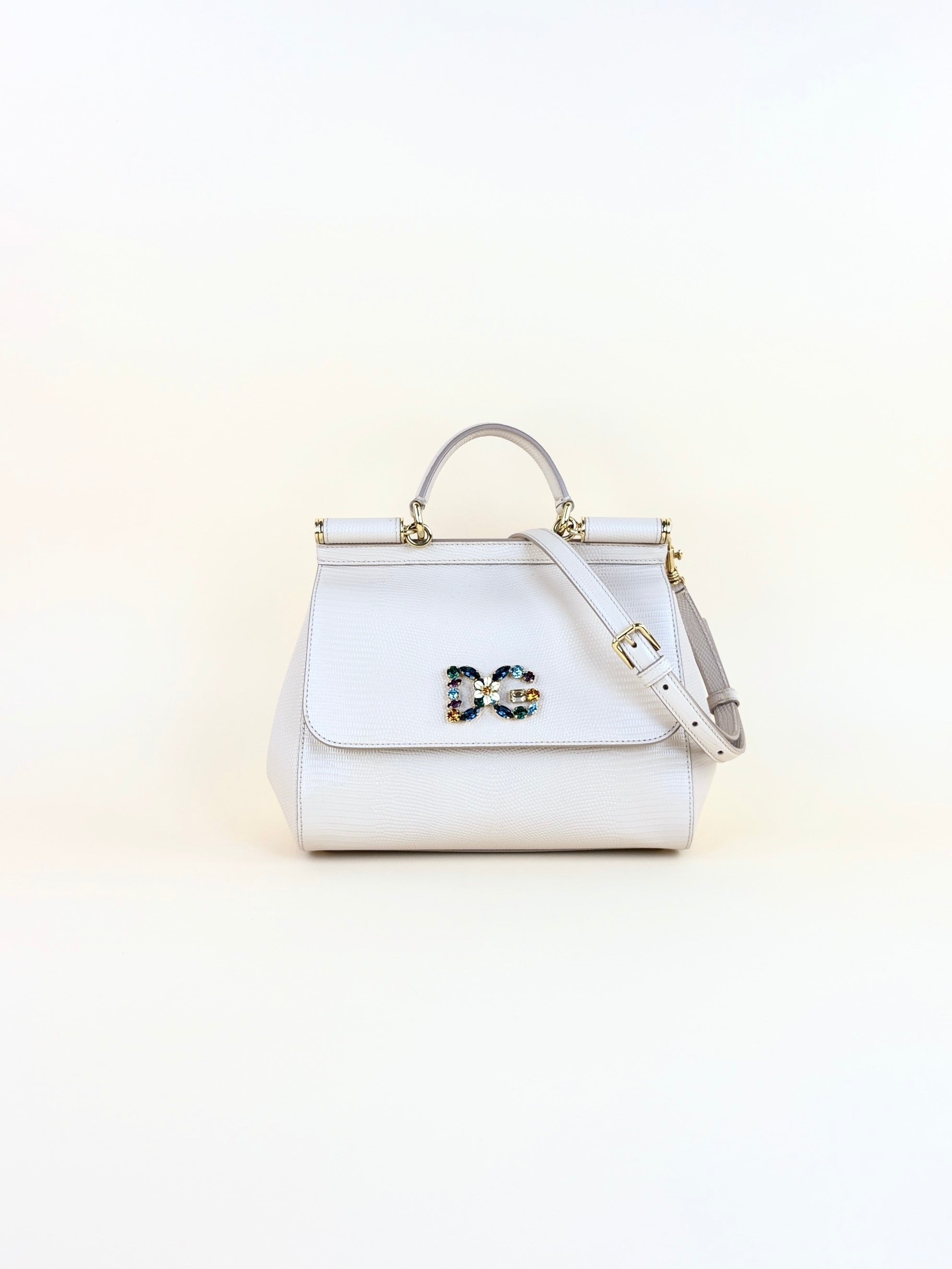 Dolce & Gabbana beige lizard embossed sicily bag with crystal DG logo medium