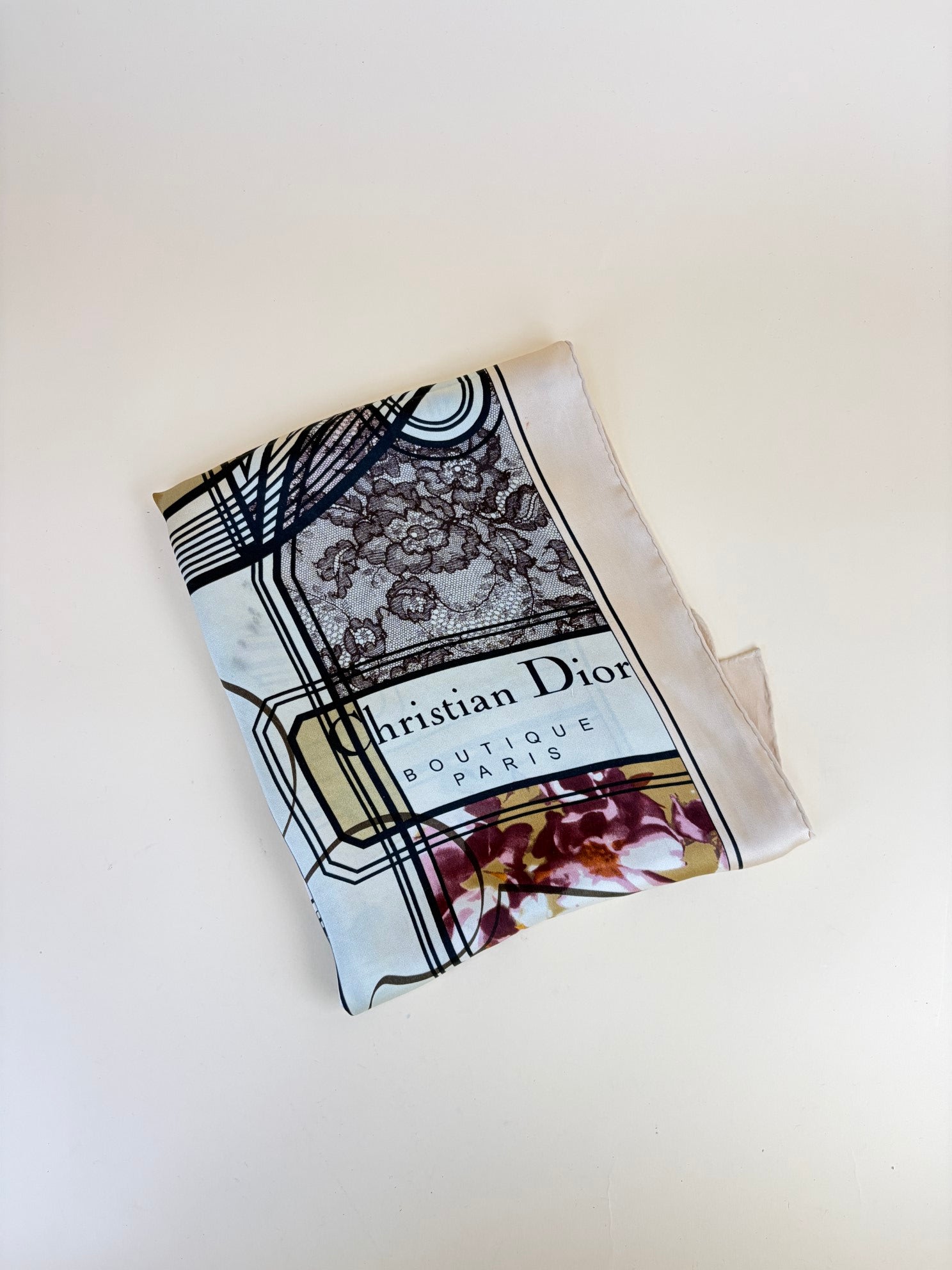 Christian Dior Vintage with Graphic Print and Logo Border Silk Scarf