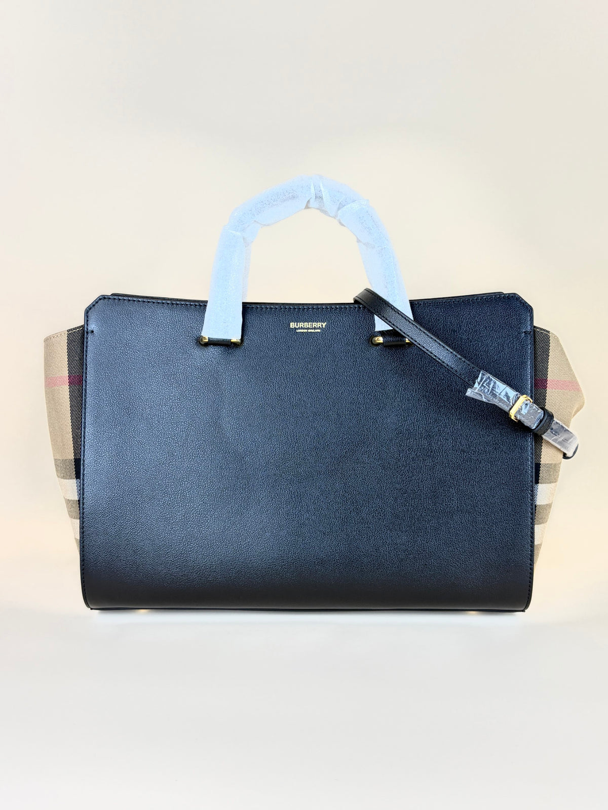 Burberry Black leather check canvas Banwell medium toty bag