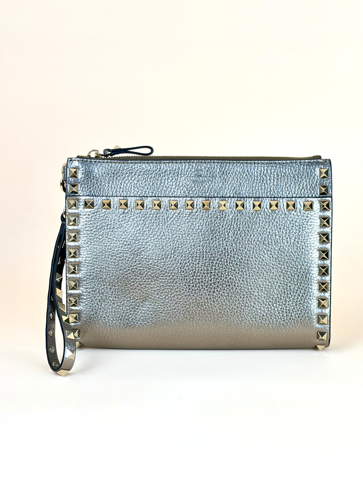 Valentino metallic gold pebbled calfskin rock stud medium zip pouch