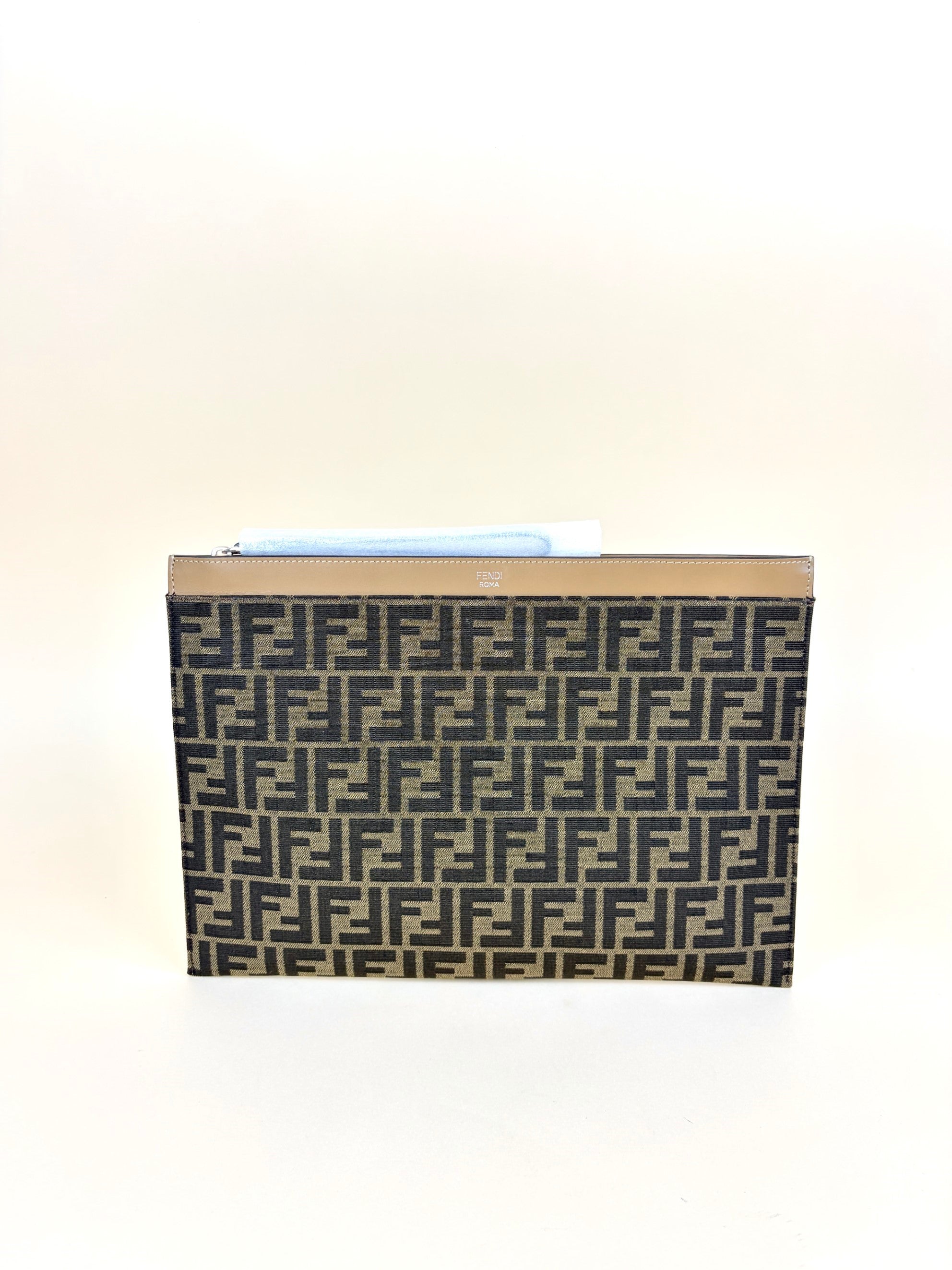 Fendi Tobacco brown jacquard ff fabric large flat pouch