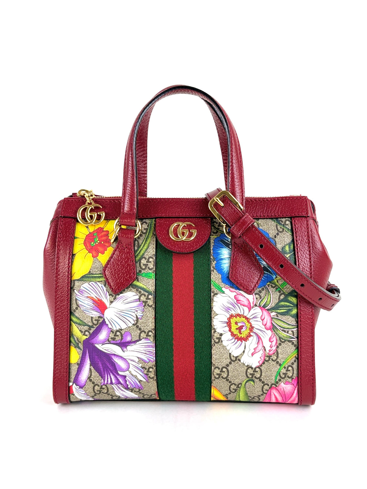 Gucci red leather and gg supreme flora monogram Ophidia Small Tote Bag