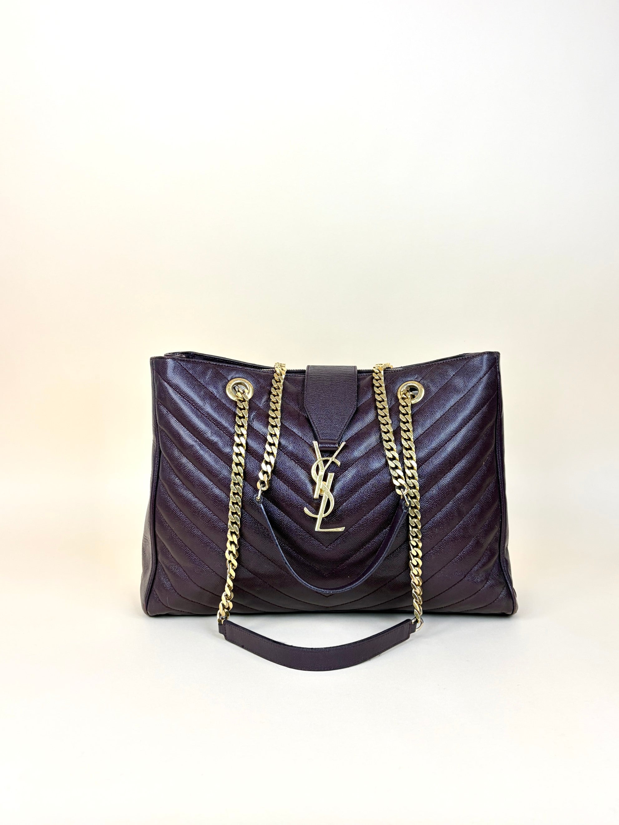 YSL Burgundy Chevron Quilted Cassandre Monogram Shopper Bag