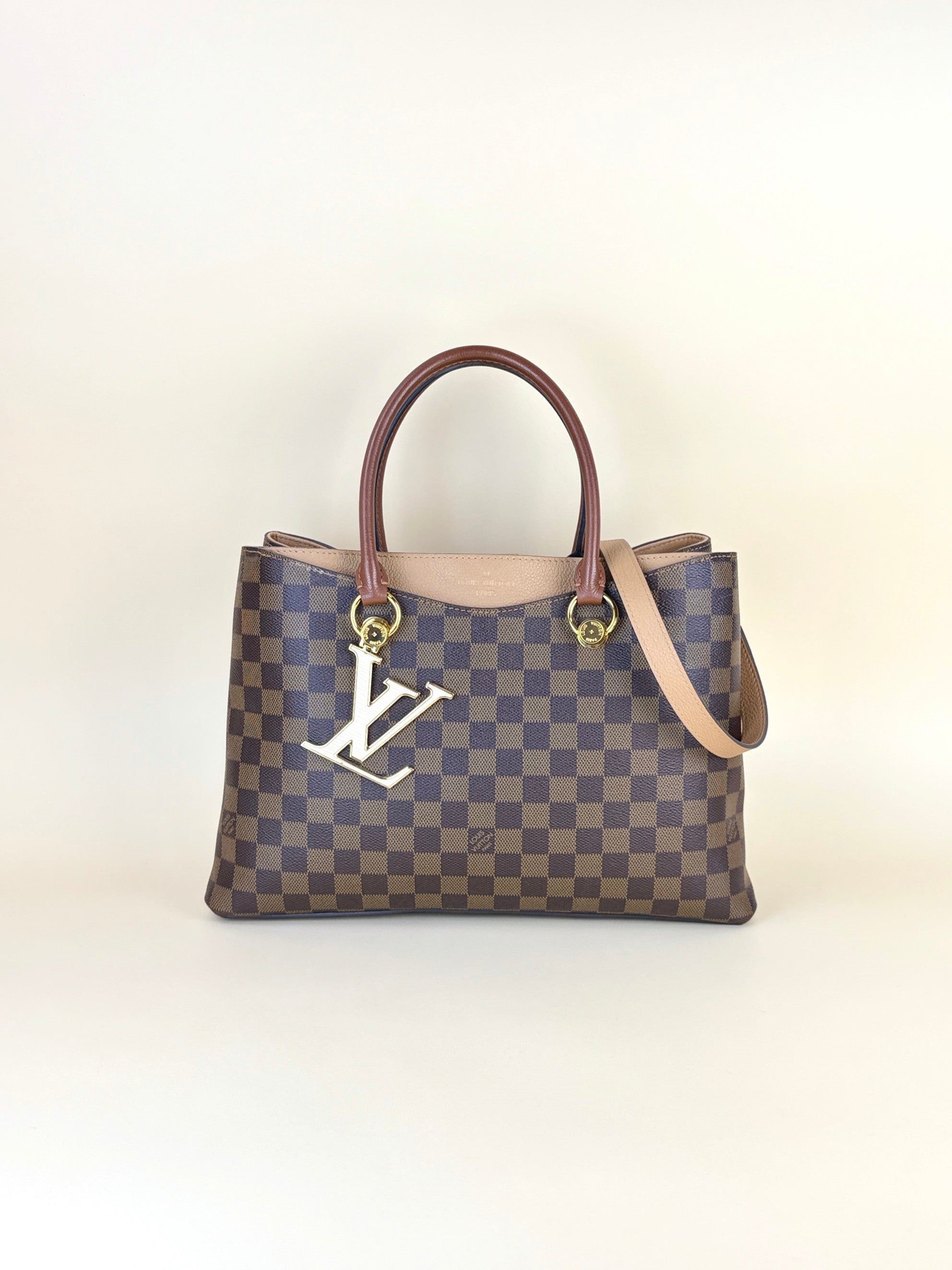 louis Vuitton creme calfskin Damier Ebene canvas lv riverside tote bag