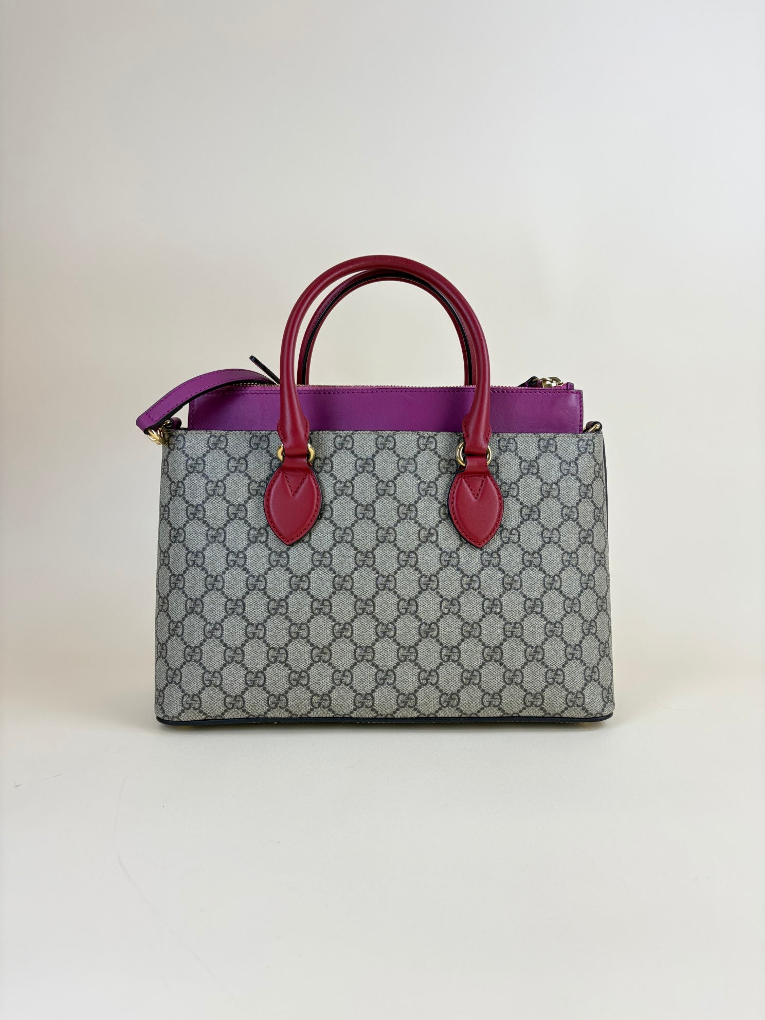 GUCCI beige /pink gg supreme coated canvas and leather small tote bag