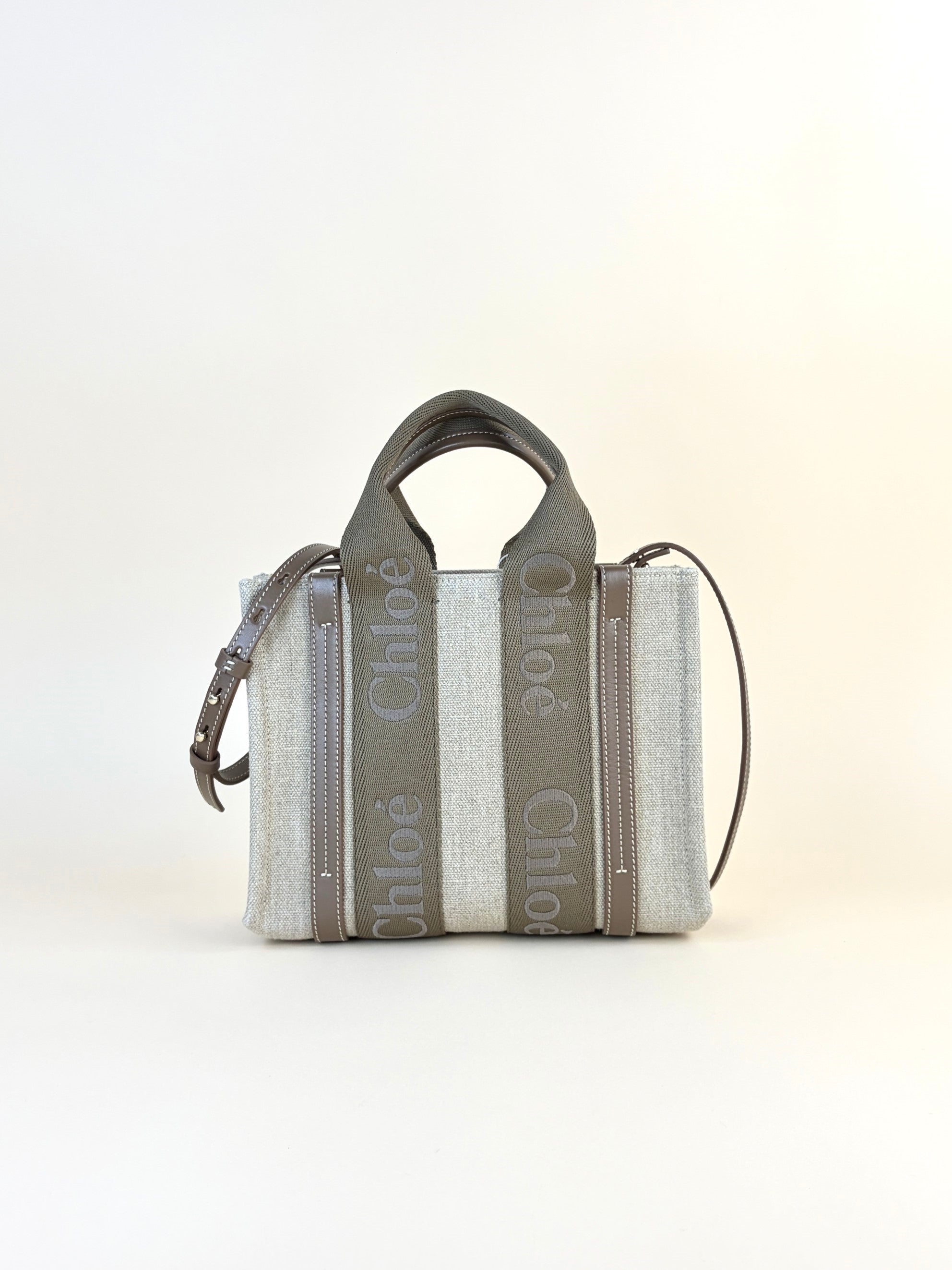 Chloe Brown Linen Small Woody Tote Bag W/ Strap