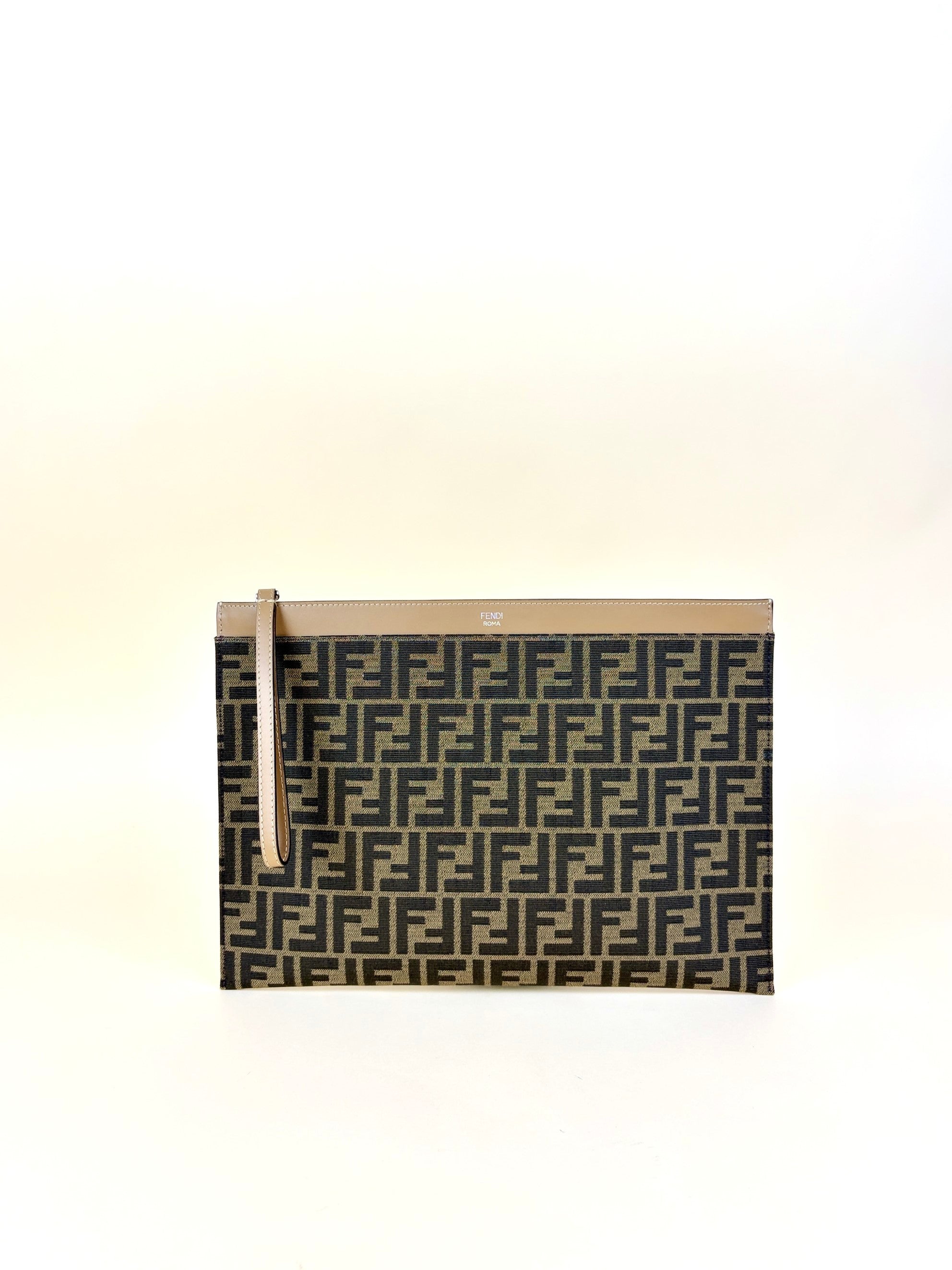 Fendi Brown Tobacco Jacquard FF Fabric Large Flat Pouch