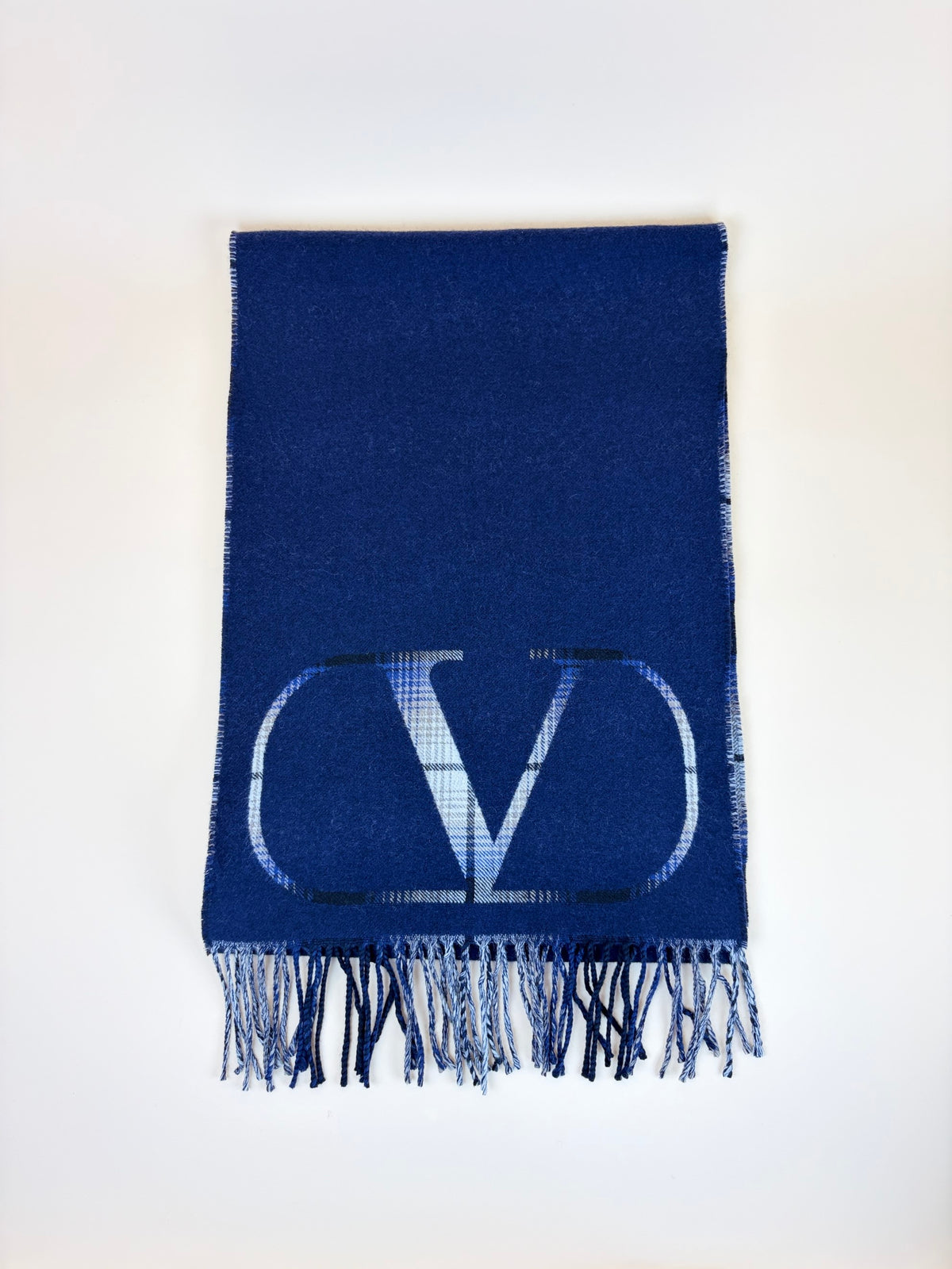 Valentino navy and checked V logo signature fringed sdges wool cashmere scarf