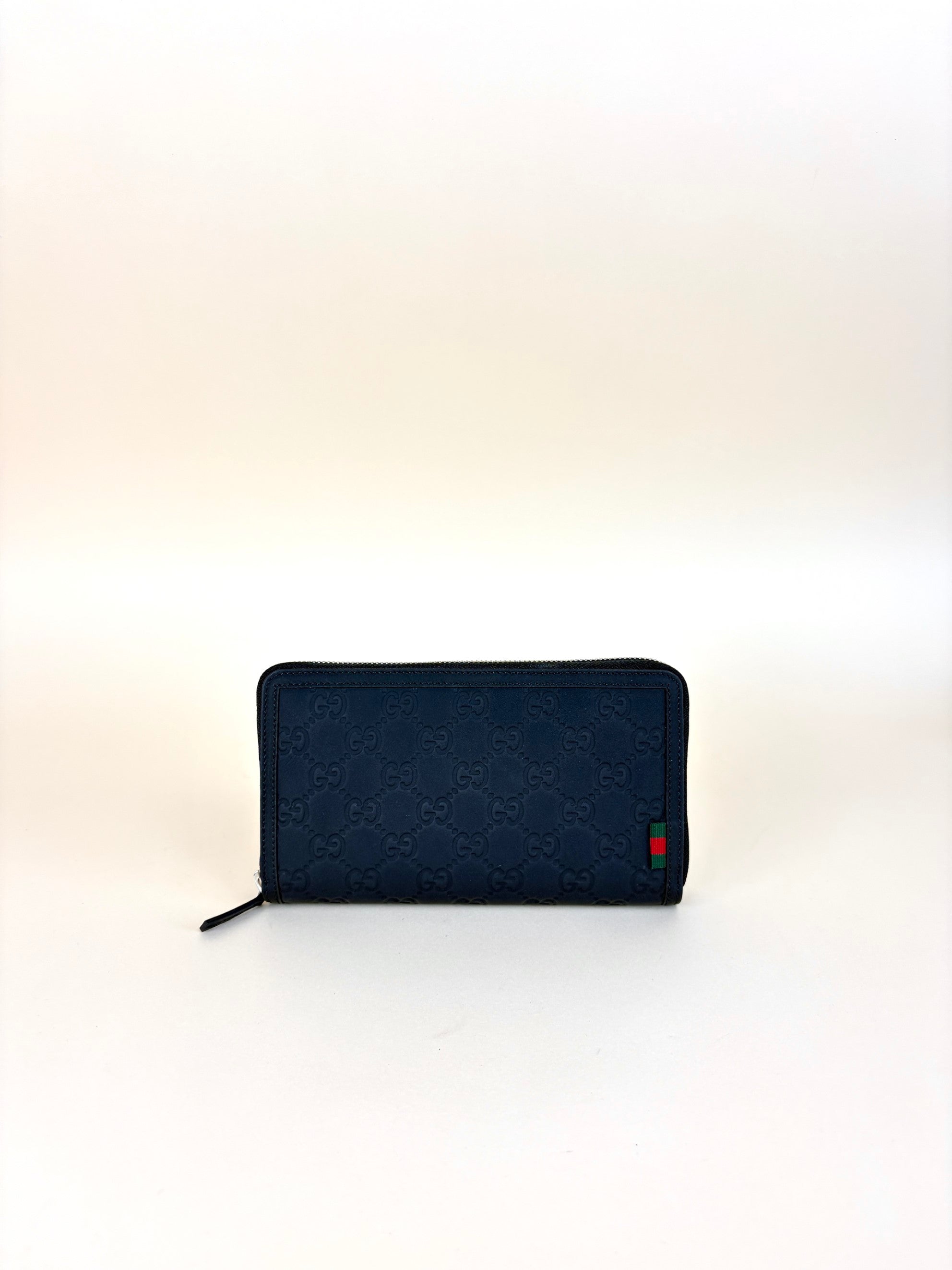 Gucci Black Rubber-Effect Guccissima Zip Around Web Accent Long Wallet
