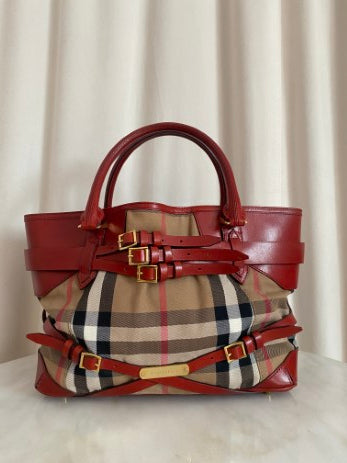 Burberry Red Bridle House Check Top Handle Bag