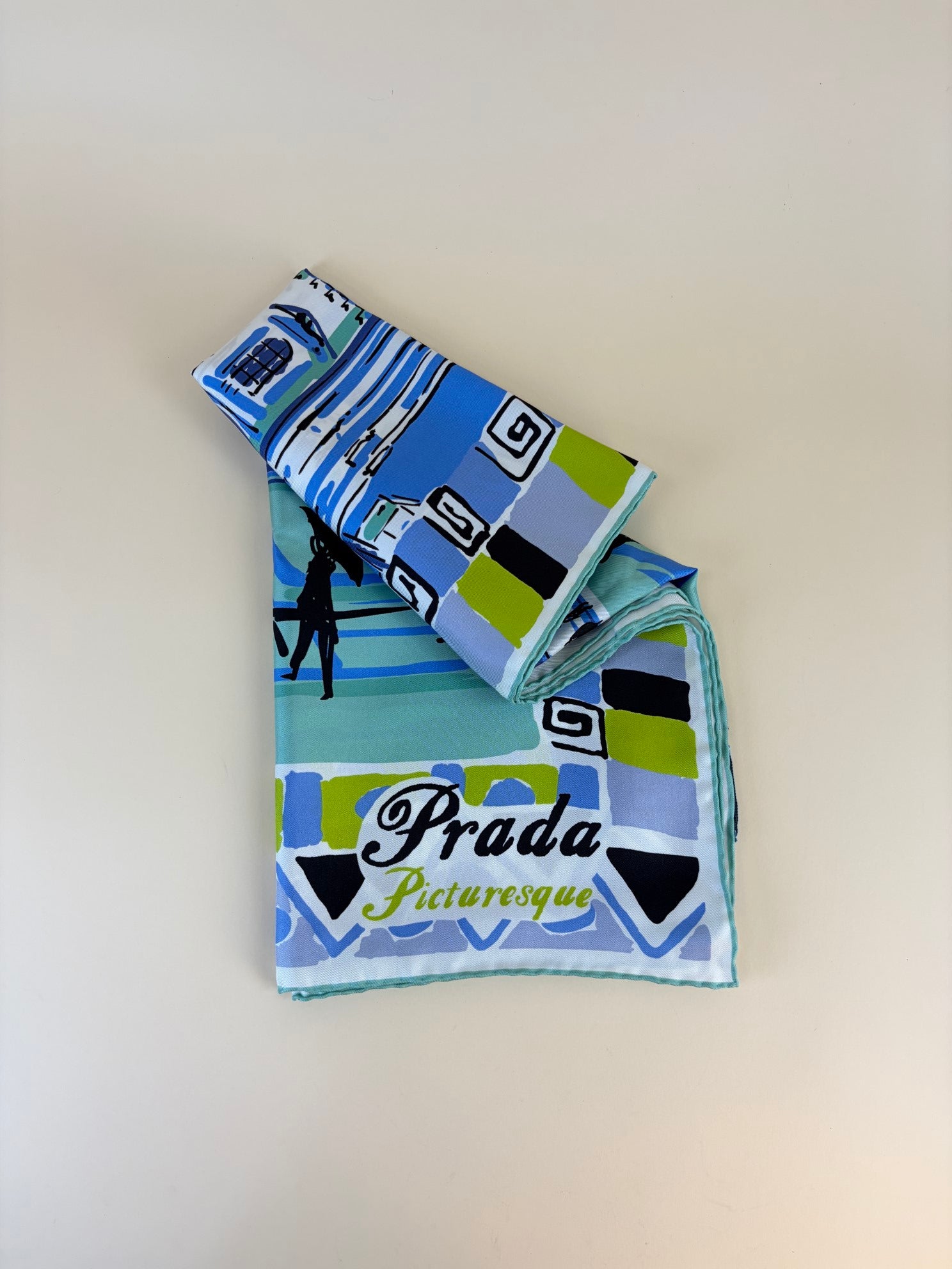 Prada Sky Blue Picturesque Milano Print Silk Foulard Scarf