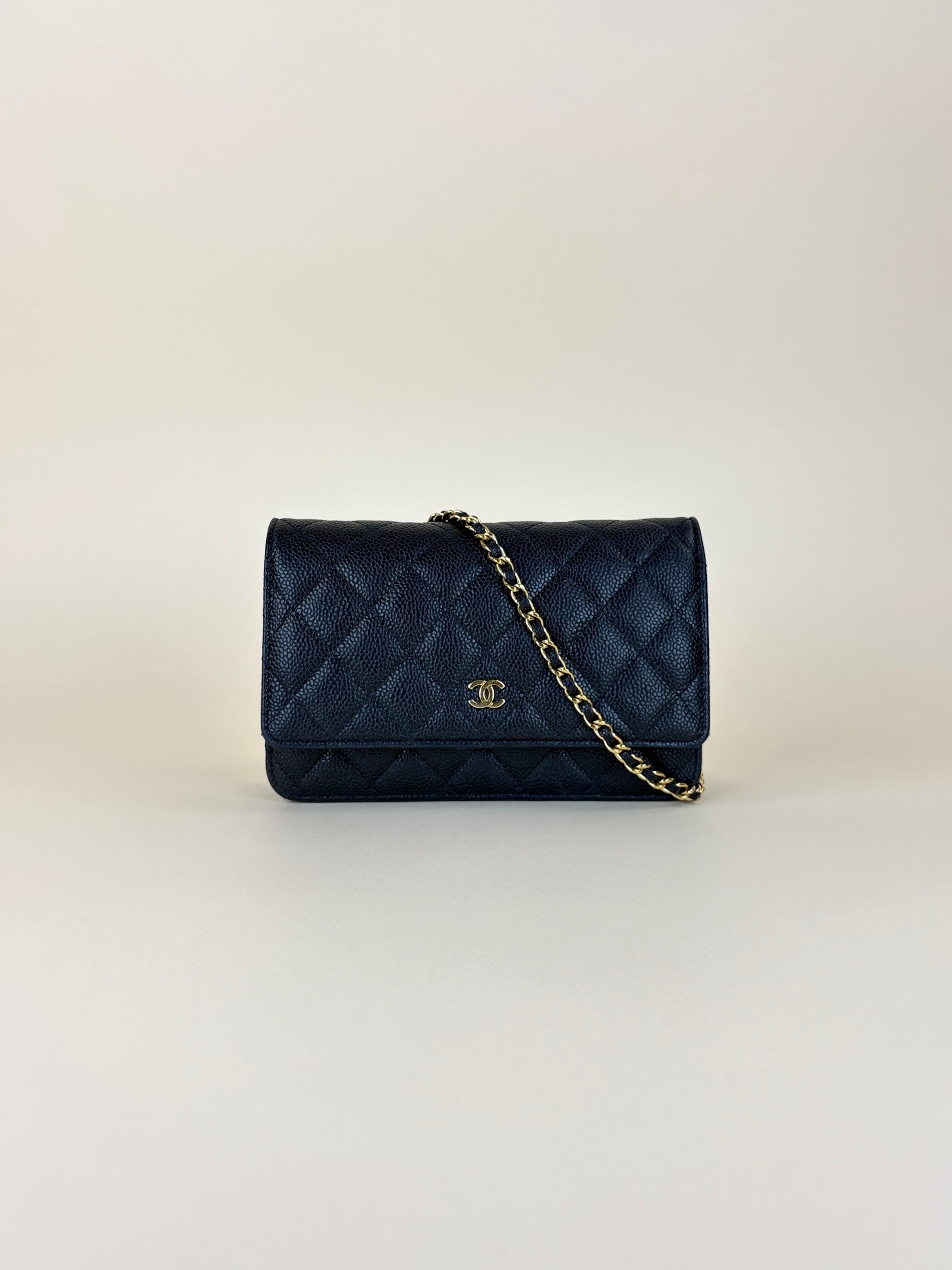 Chanel black caviar quilted wallet on chain