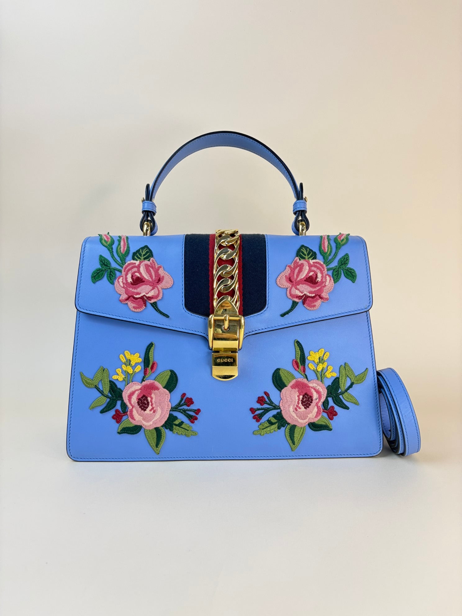 Gucci Blue Floral Embroidered Medium Sylvie Top Handle Bag with Strap