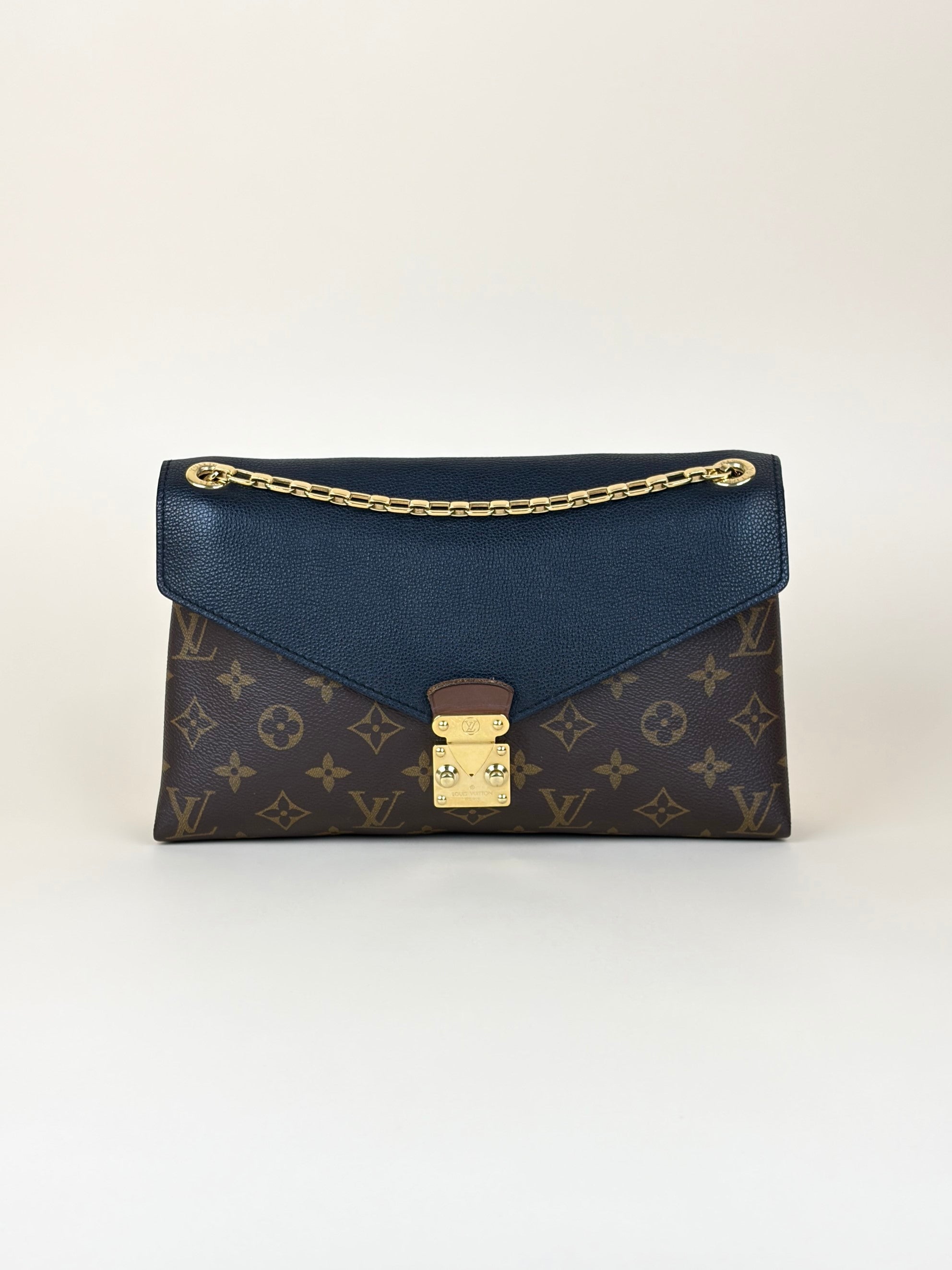 Louis Vuitton canvas and black calfskin Pallas chain