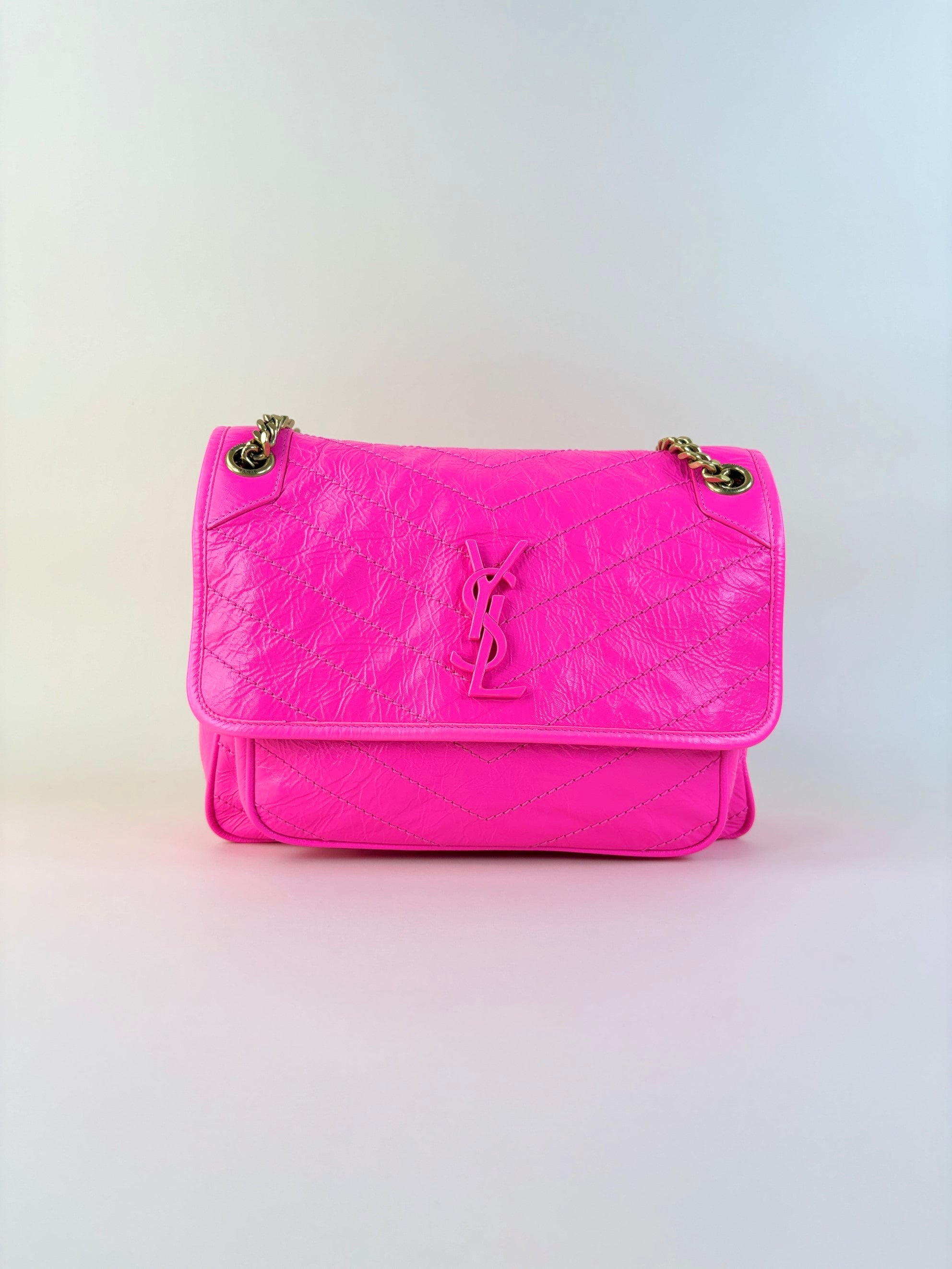YSL Neon Pink Crinkle Niki Medium Shoulder Bag