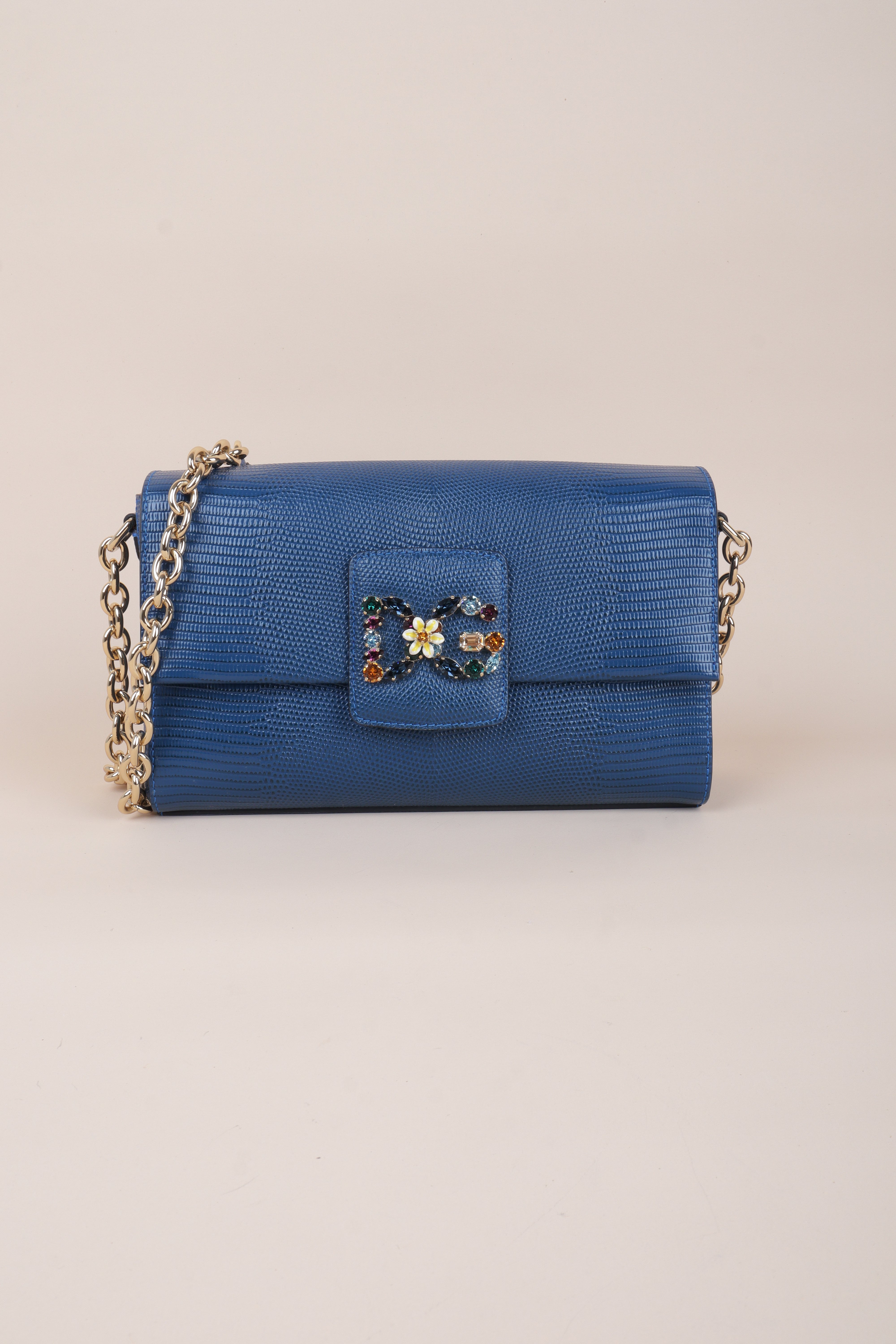 Dolce & Gabbana Blue Lizard Embossed Millennials Crystal Logo Crossbody Bag