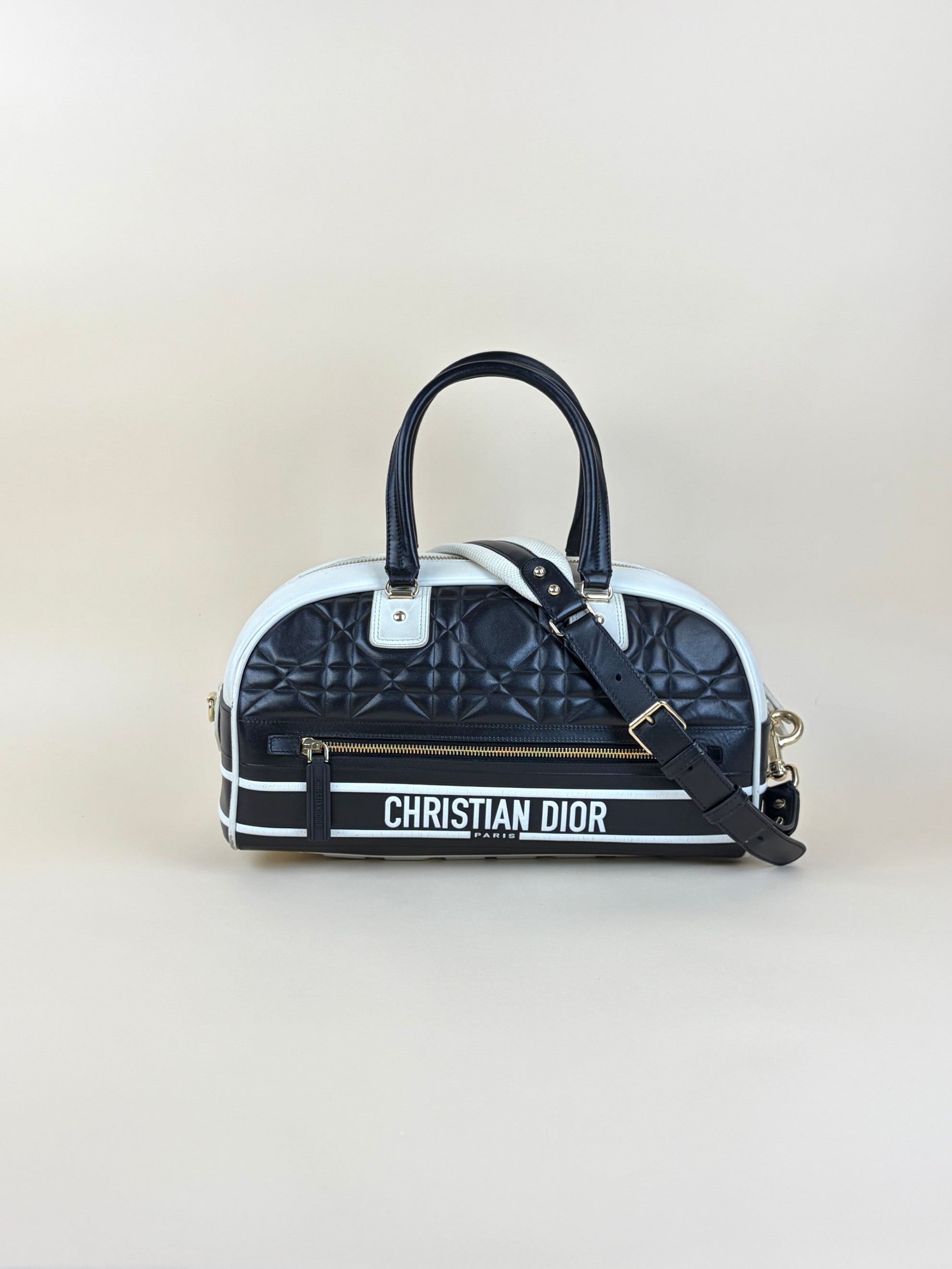 dior black/white padded marco carnage calfskin medium vibe bowling tote bag