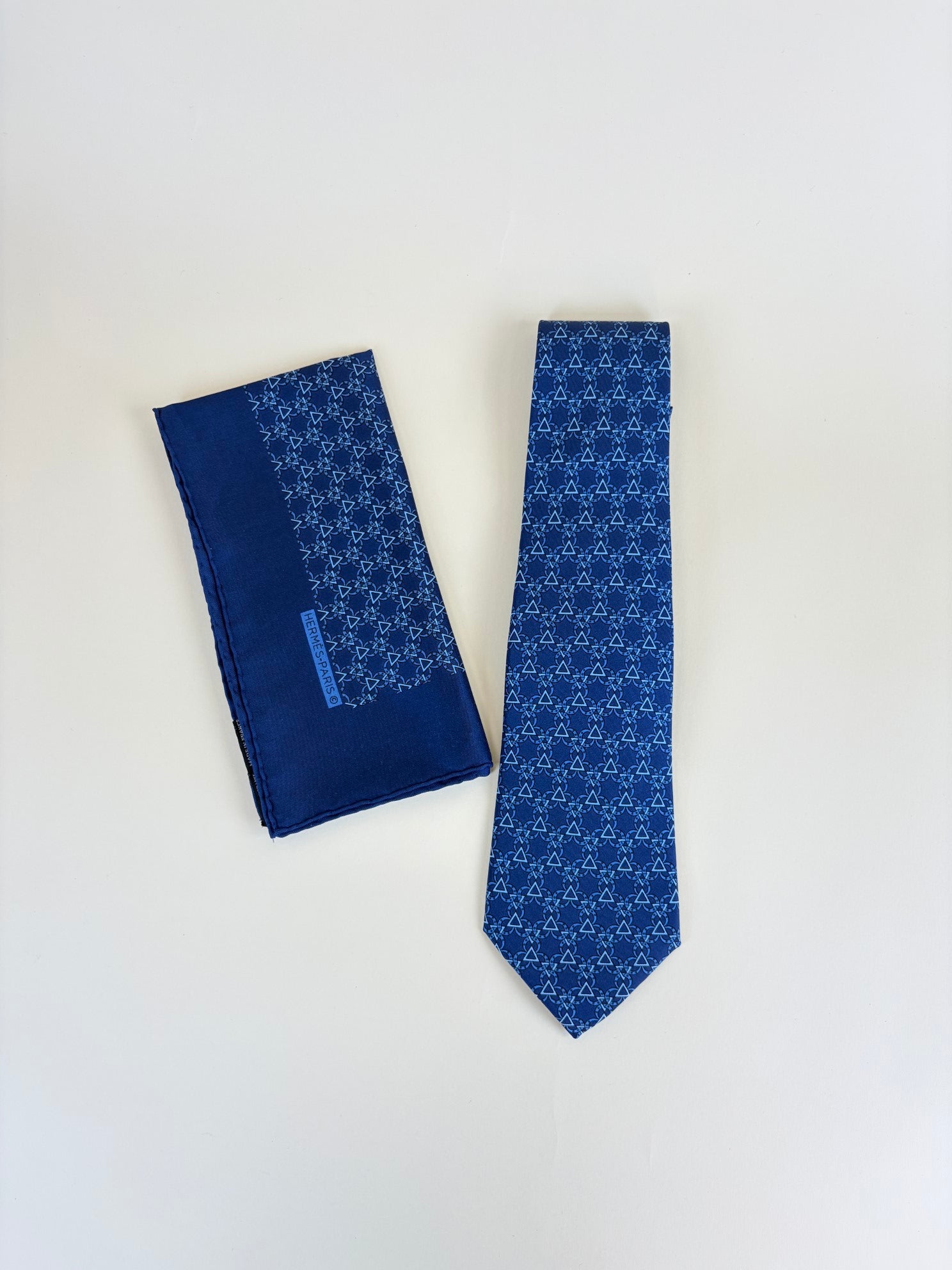 Hermes Blue Geometric Pattern Neck Tie W/ Matching Pocket Square (SET)