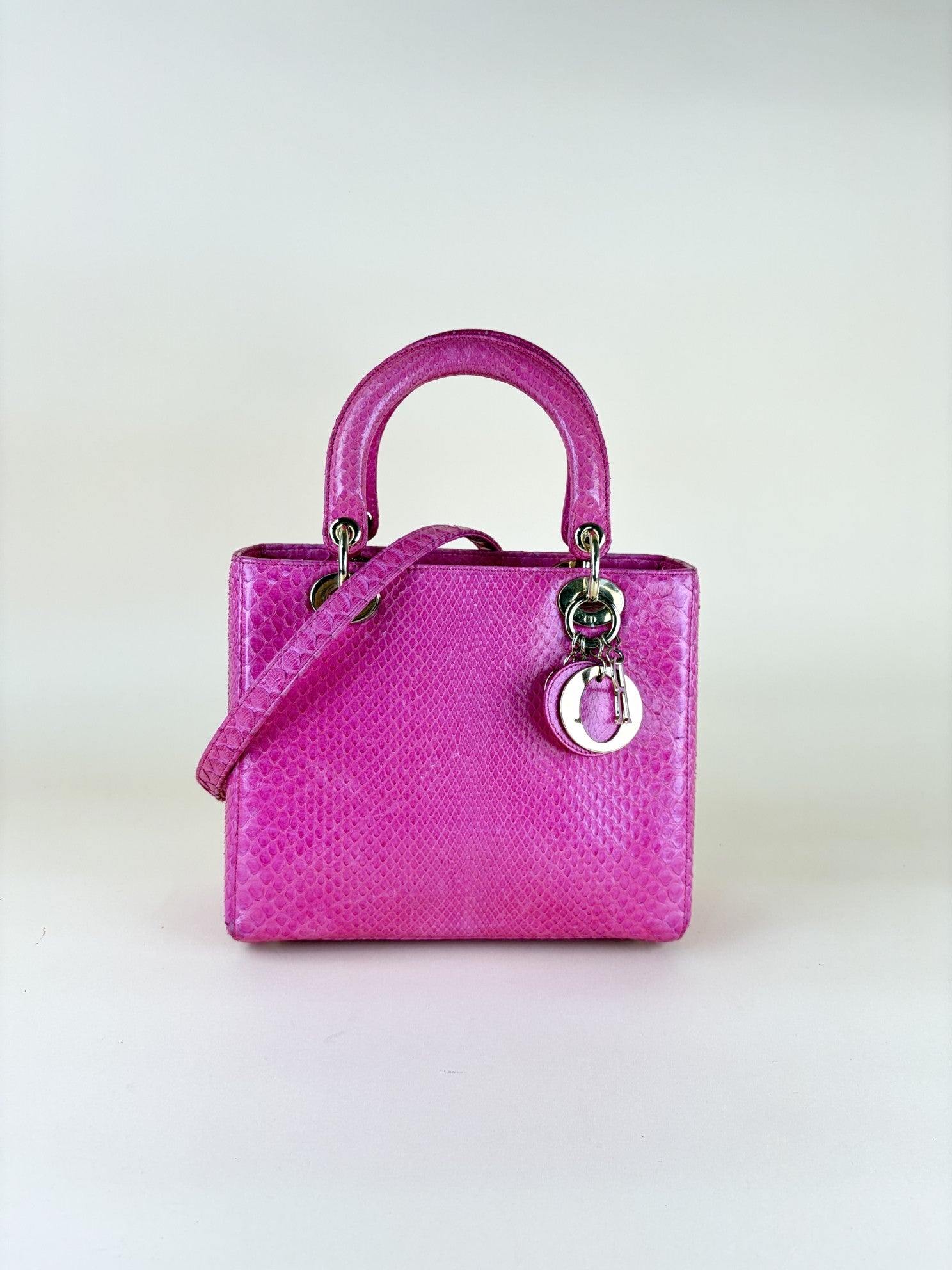 Christian Dior Pink Medium Lady Dior Python Bag with Strap