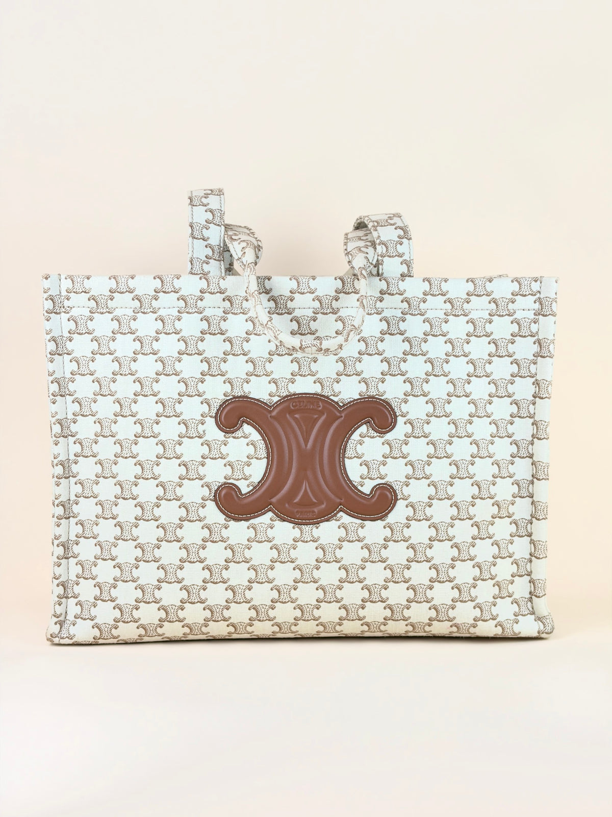 Celine white canvas calfskin triomphe large cabas thais tote bag