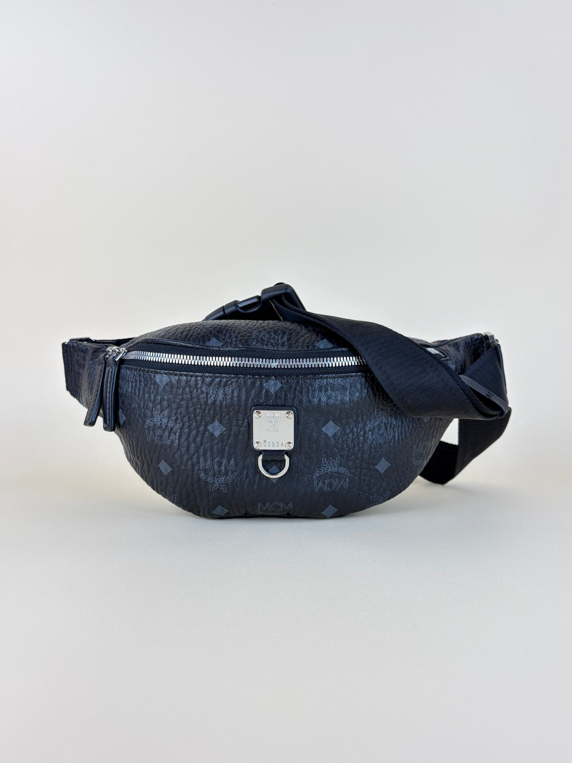 MCM black fursten in visetos medium belt bag