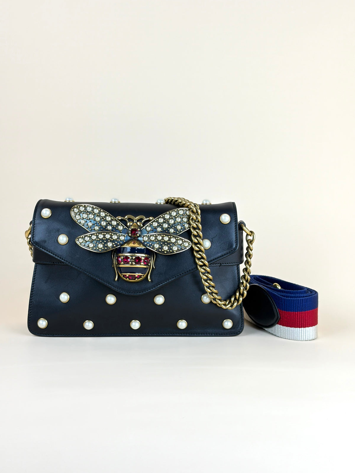 Gucci black leather pearl studded mini Broadway bee shoulder bag
