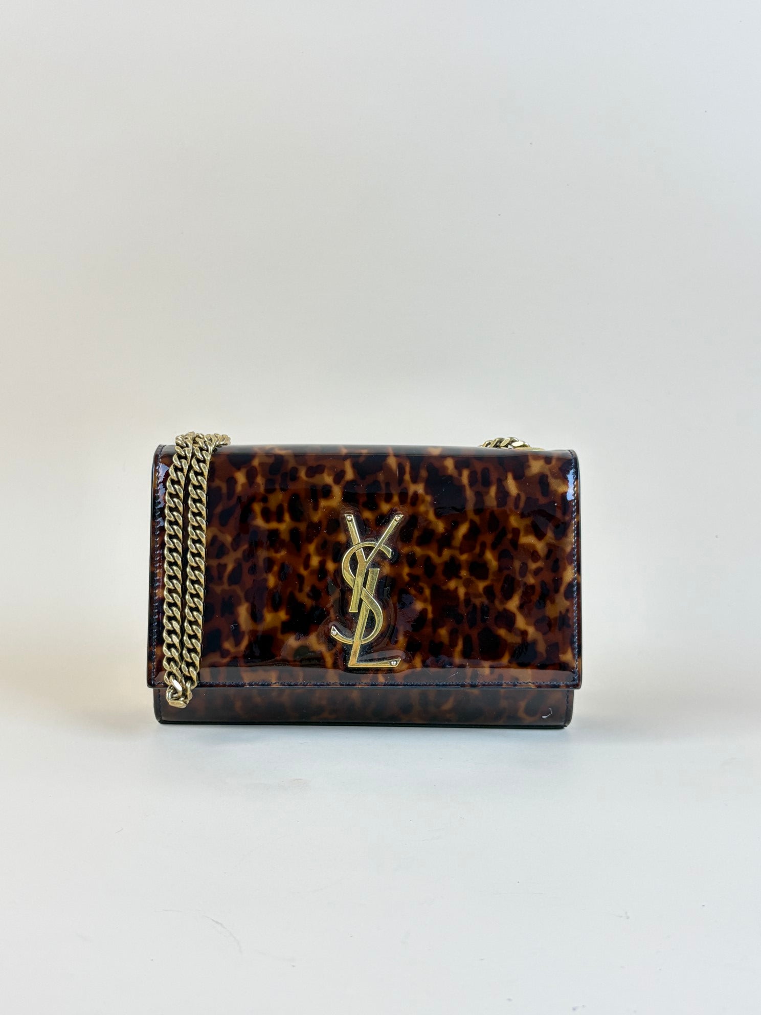 YSL tortise shell small kat patent monogram with chains