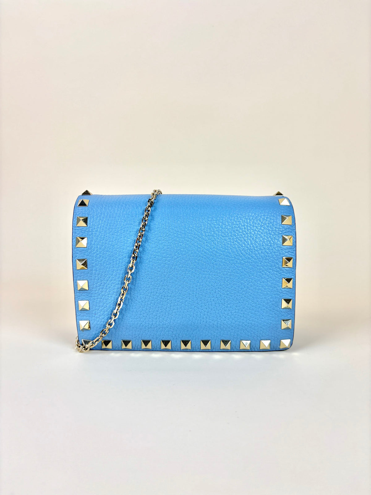 Valentino pebbled calfskin rock stud wallet on chain light blue