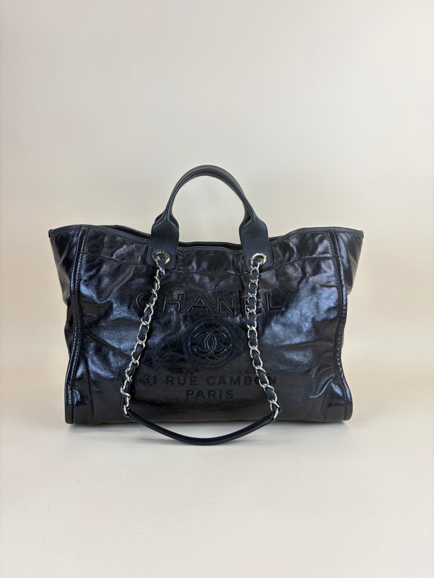 Chanel glazed calfskin medium black Deauville tote shoulder bag