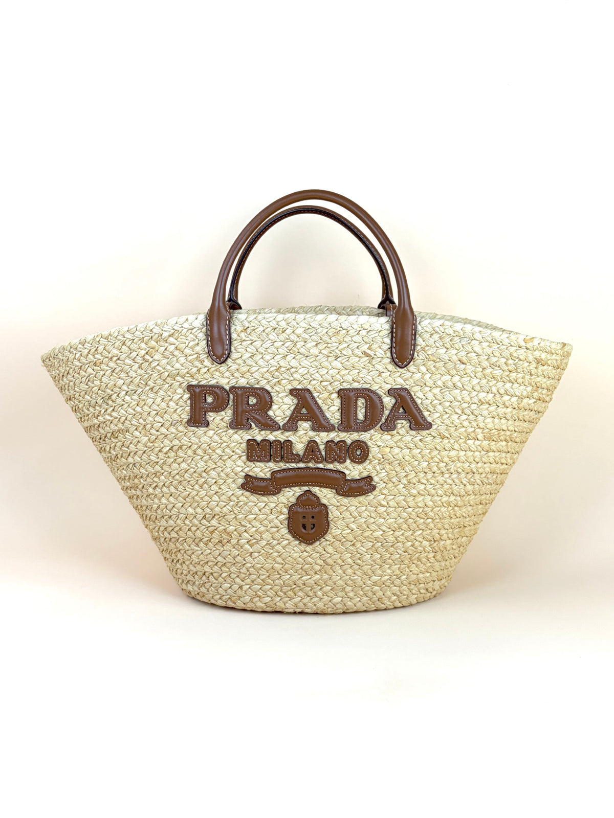 Prada beige/cognac raffia and leather large shopping bag