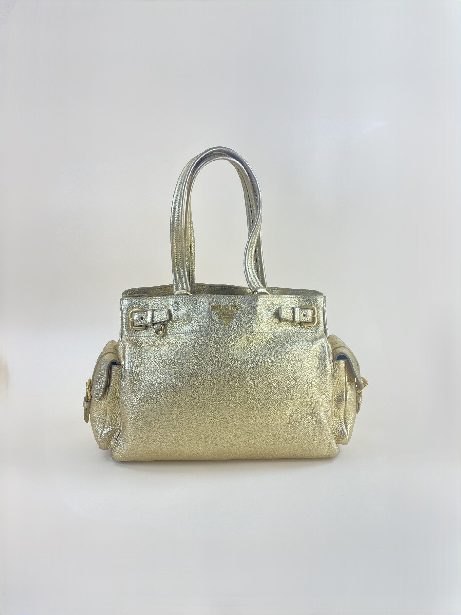 Prada Metallic Gold Vitello Daino Side Pocket Shoulder Bag