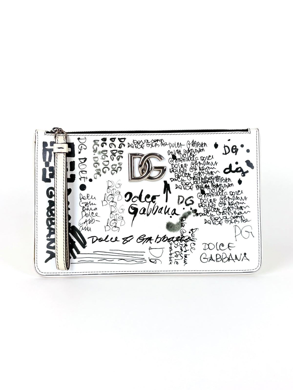 Dolce & Gabbana white calfskin limited graffiti printed flat clutch