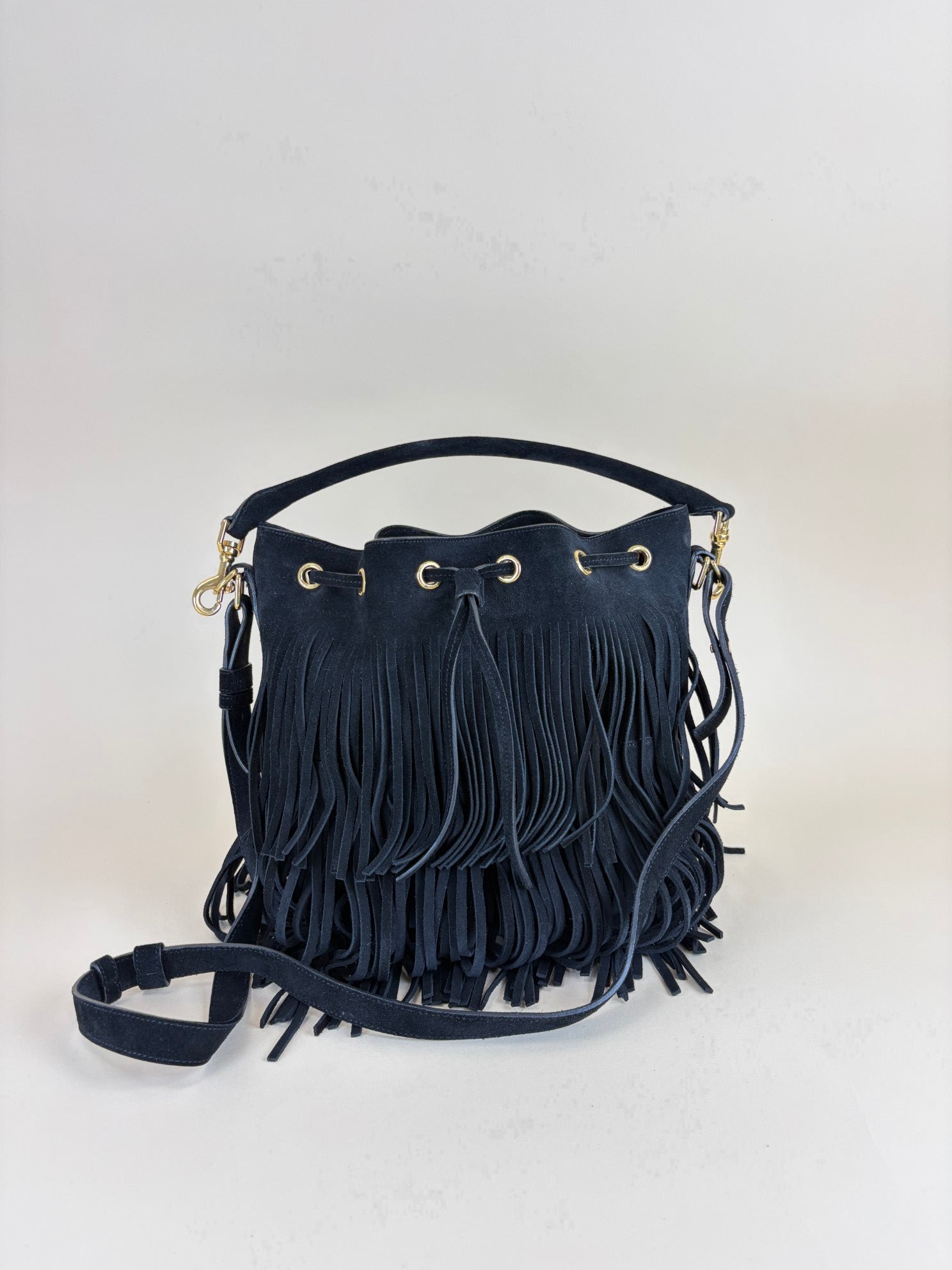 YSL Black Suede Emmanuelle Fringe Bucket Bag