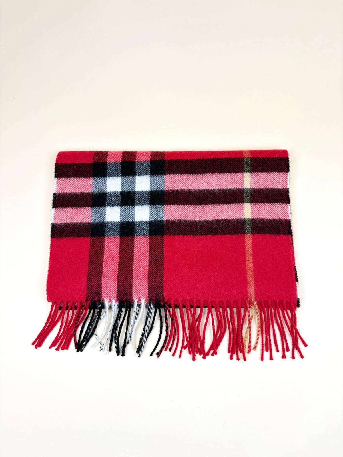 Burberry red check fringed cashmere scarf