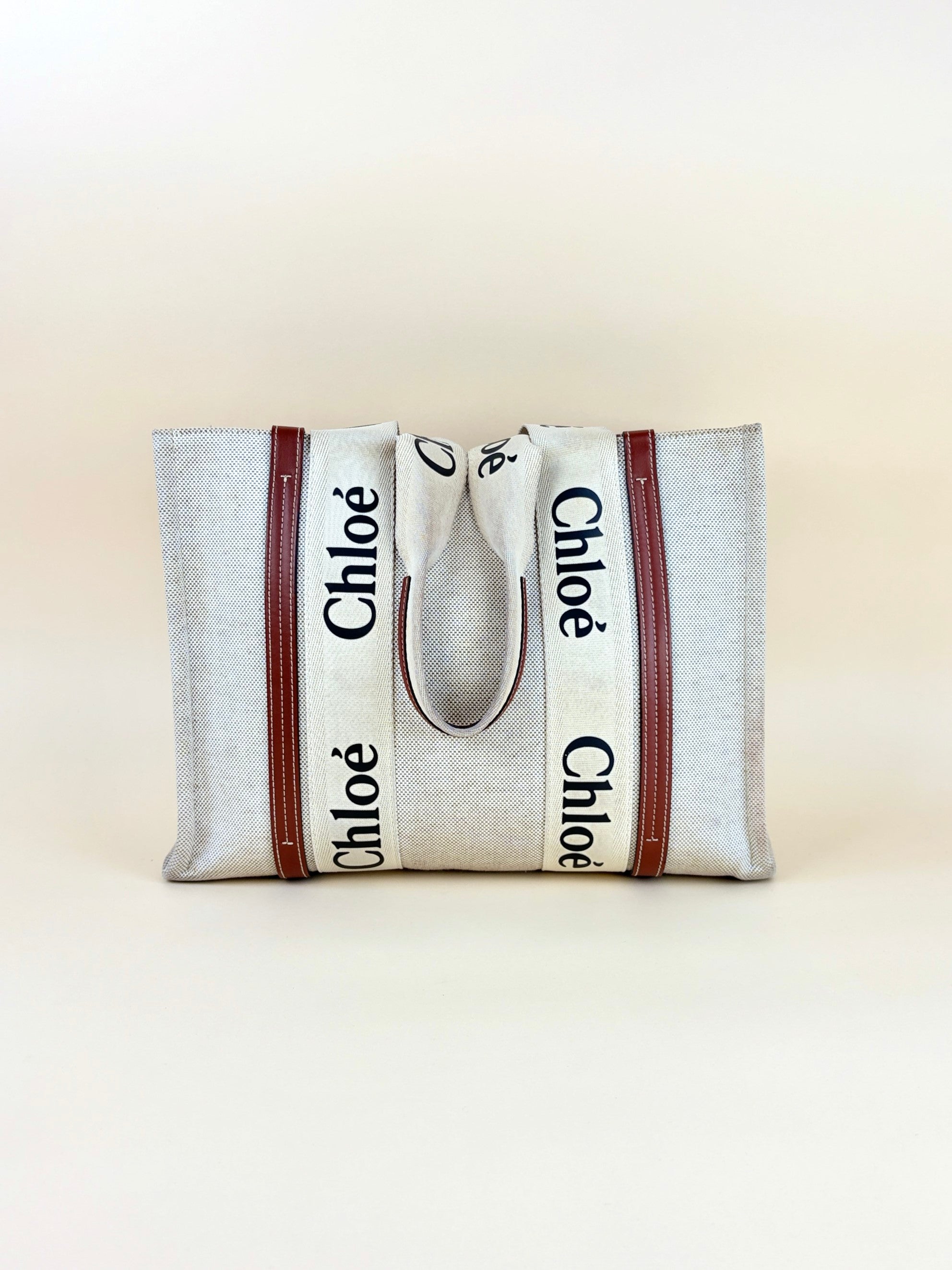 Chloe white linen and brown calfskin medium woody tote bag