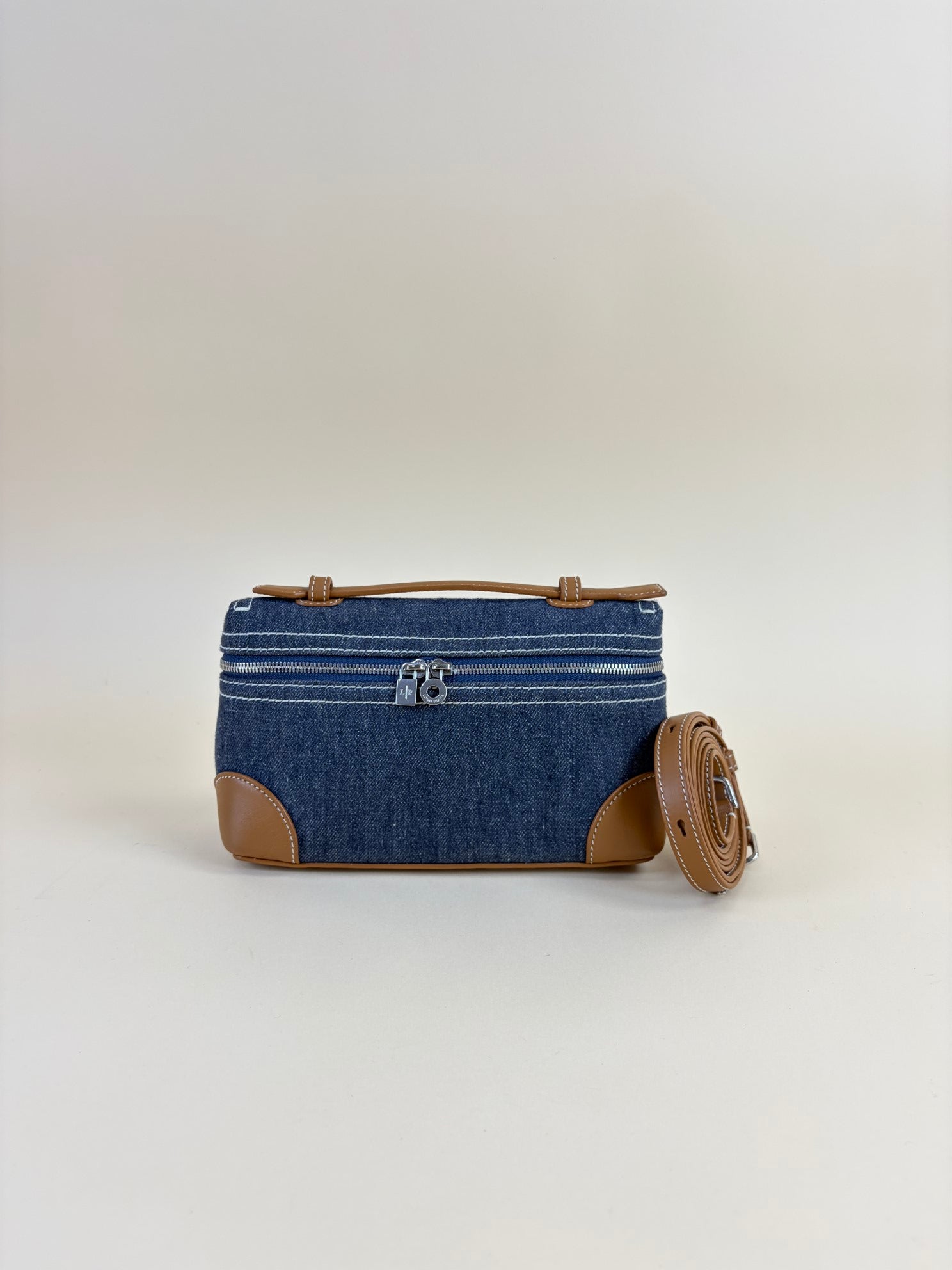 Loro Piana denim l 19 extra pocket pouch blue warm tan cross body