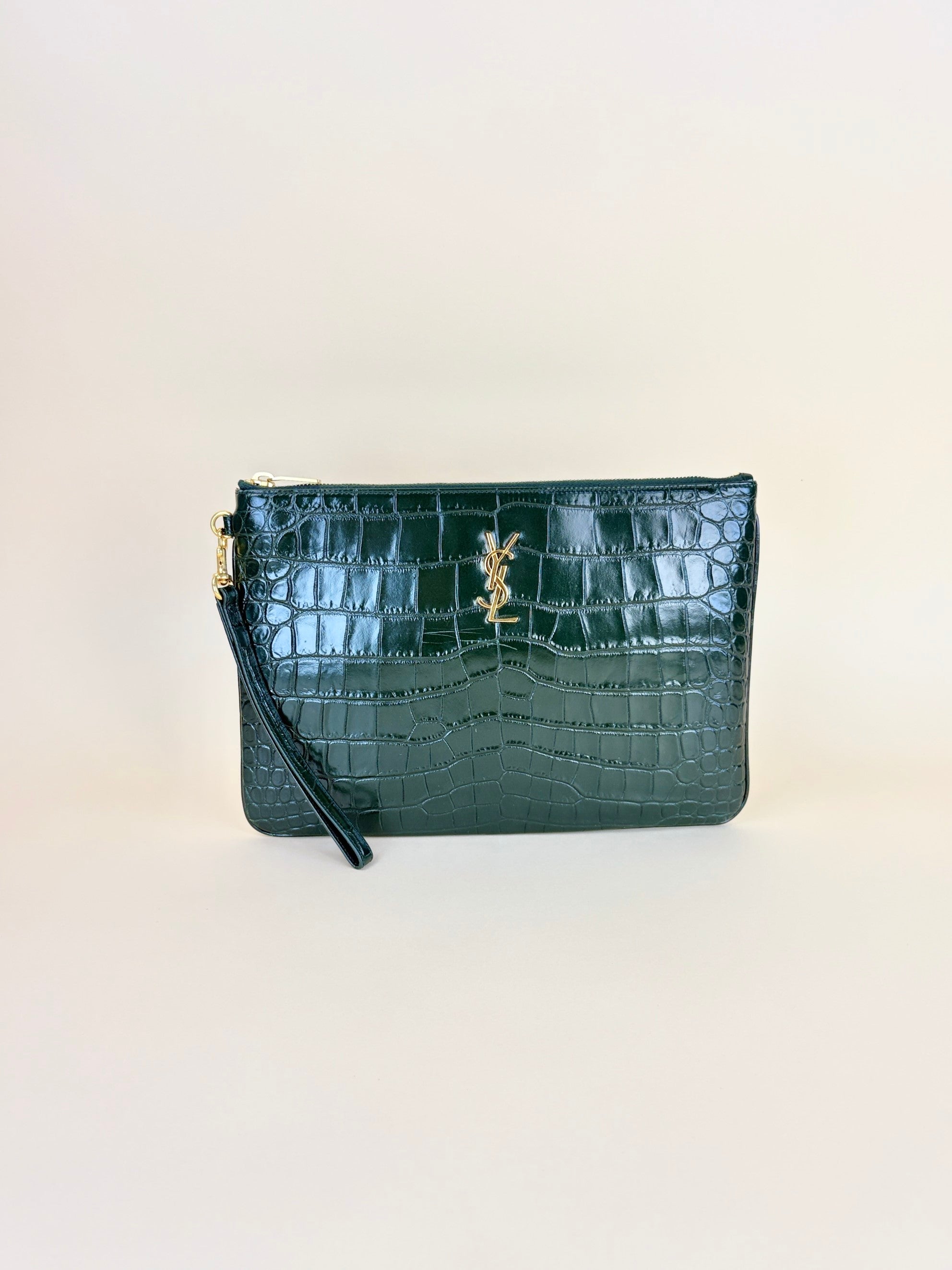 YSL Dark Green Calfskin Crocodile Embossed Tablet Pouch