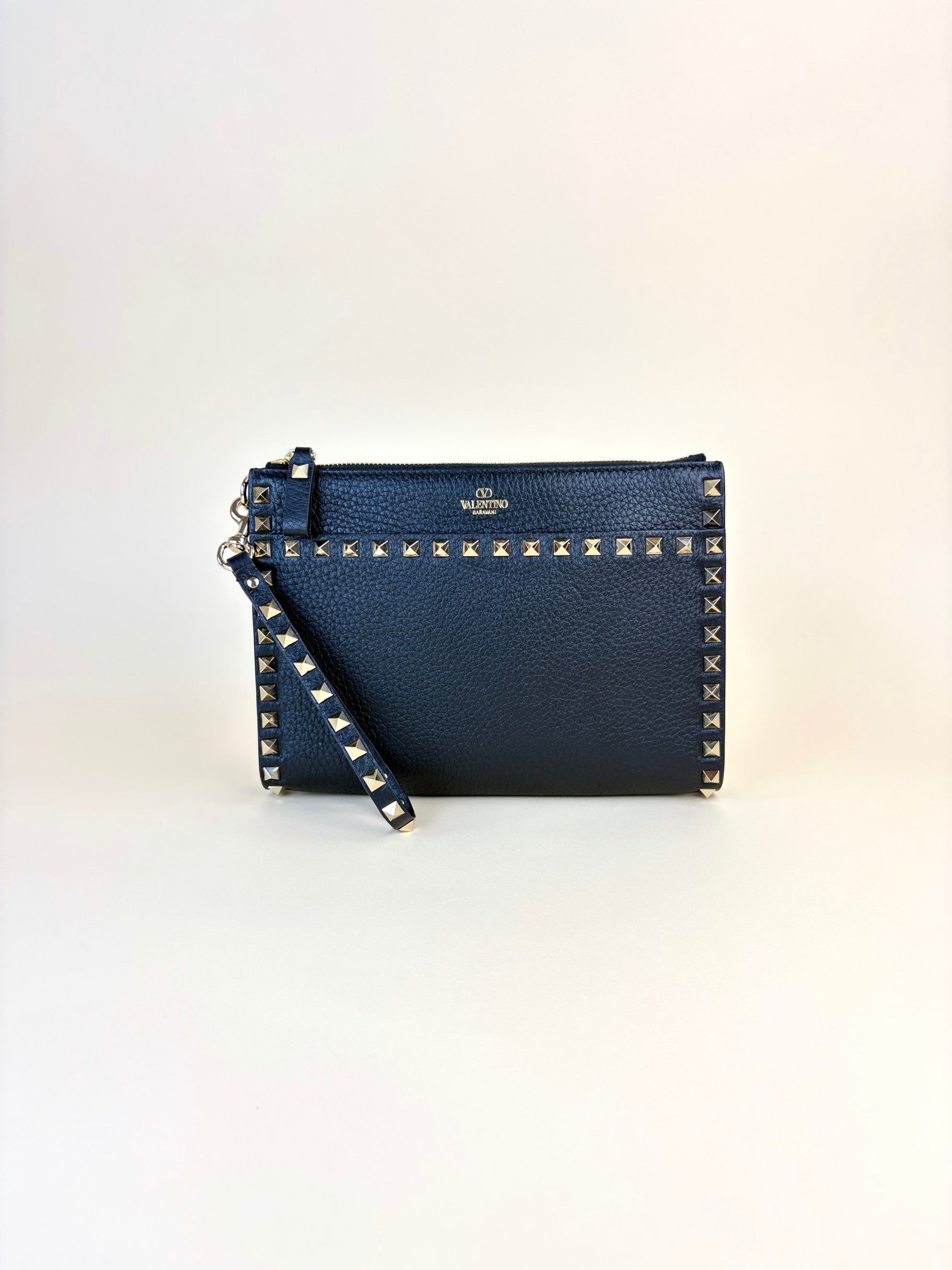 Valentino black pebbled Rock stud Zipped pouch
