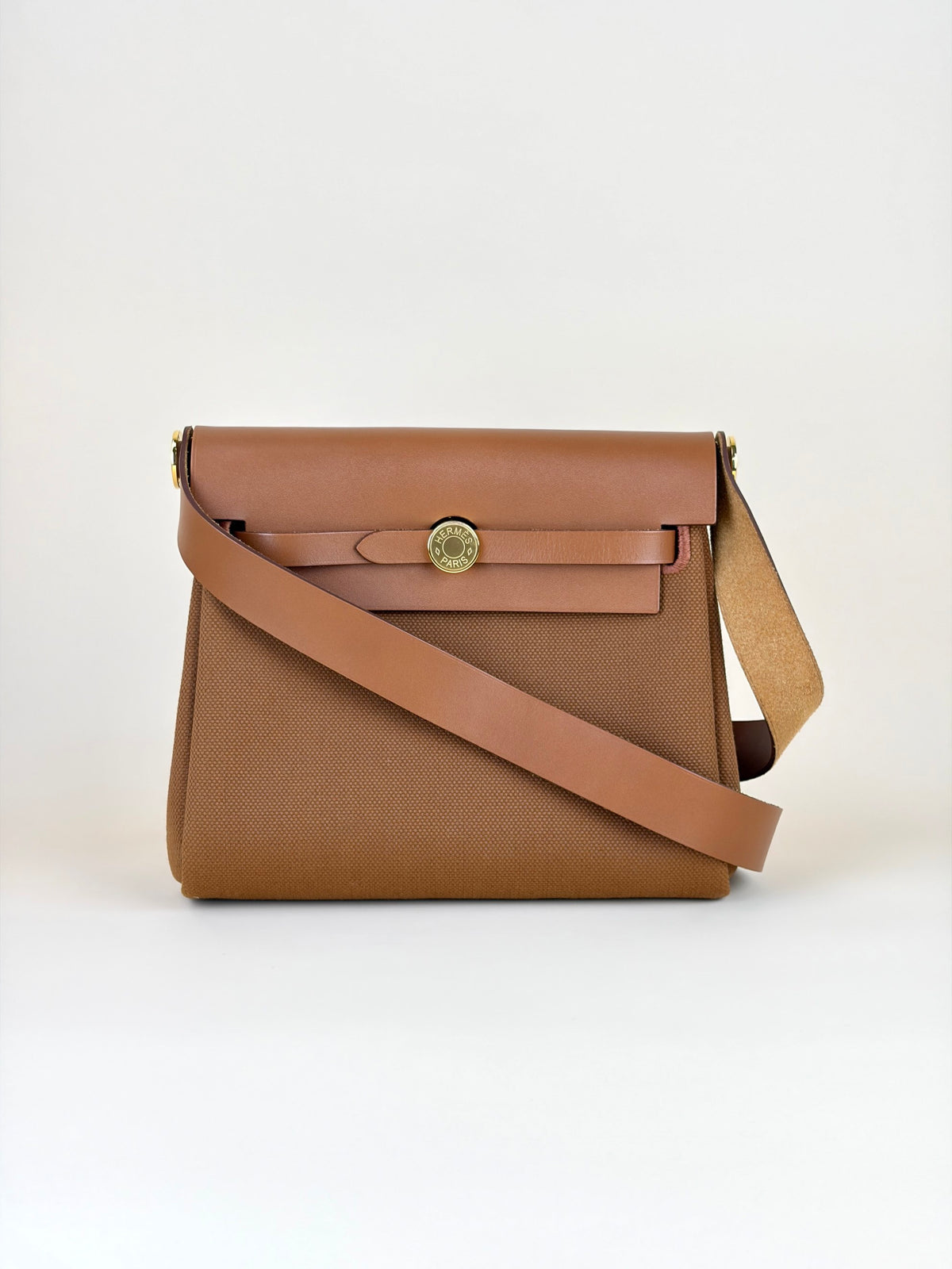 Hermes gold/fauve canvas Vache hunter leather herbag zip20mini bag