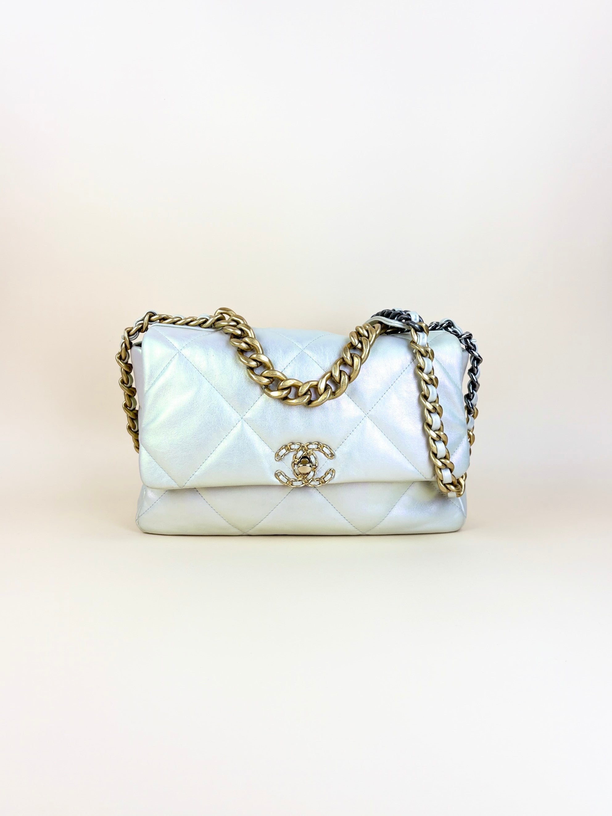 Chanel White Iridescent Quilted Large Chanel 19 Flap Bag