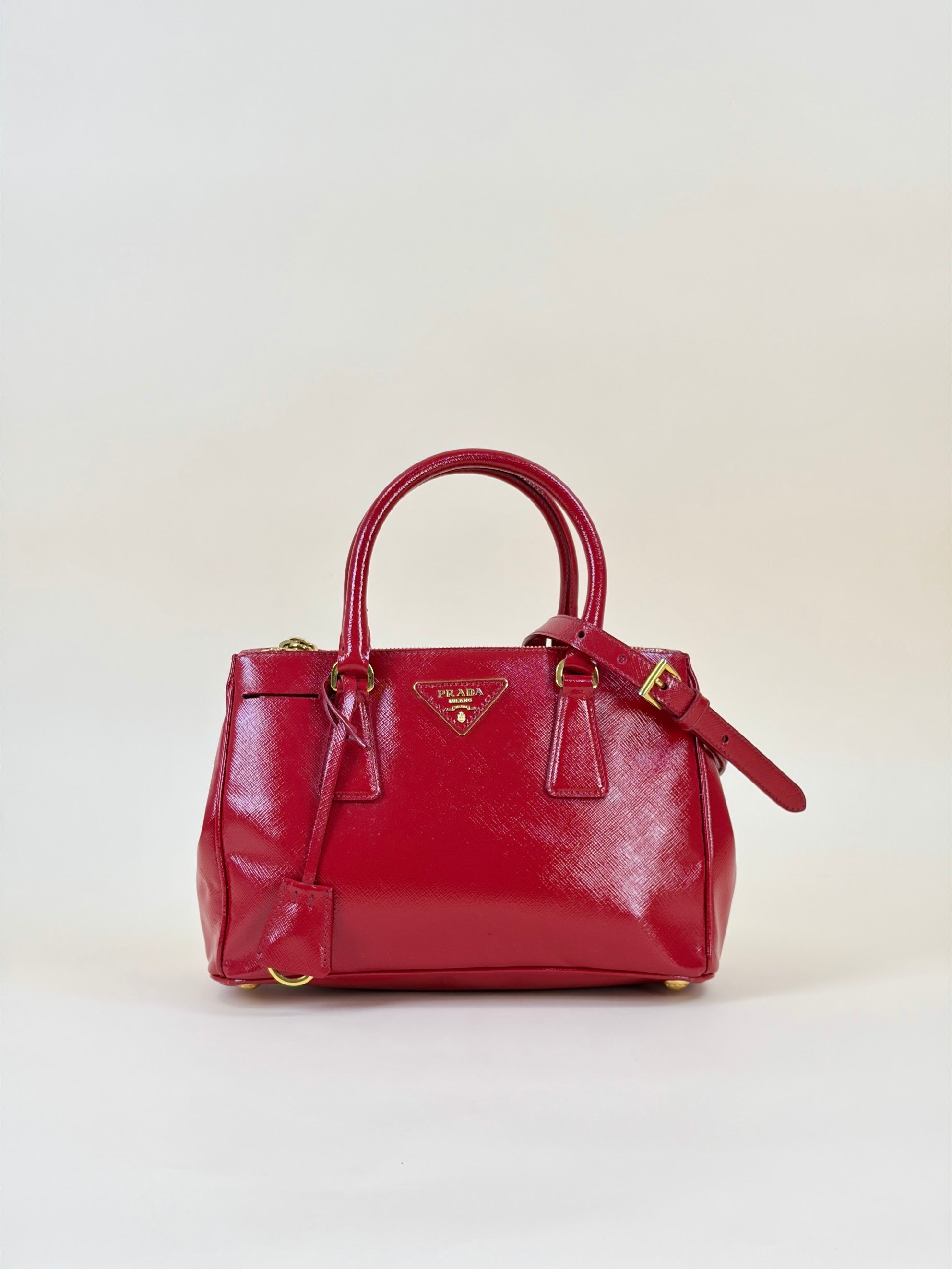 Prada shiny red small galleria saffiano leather double zip