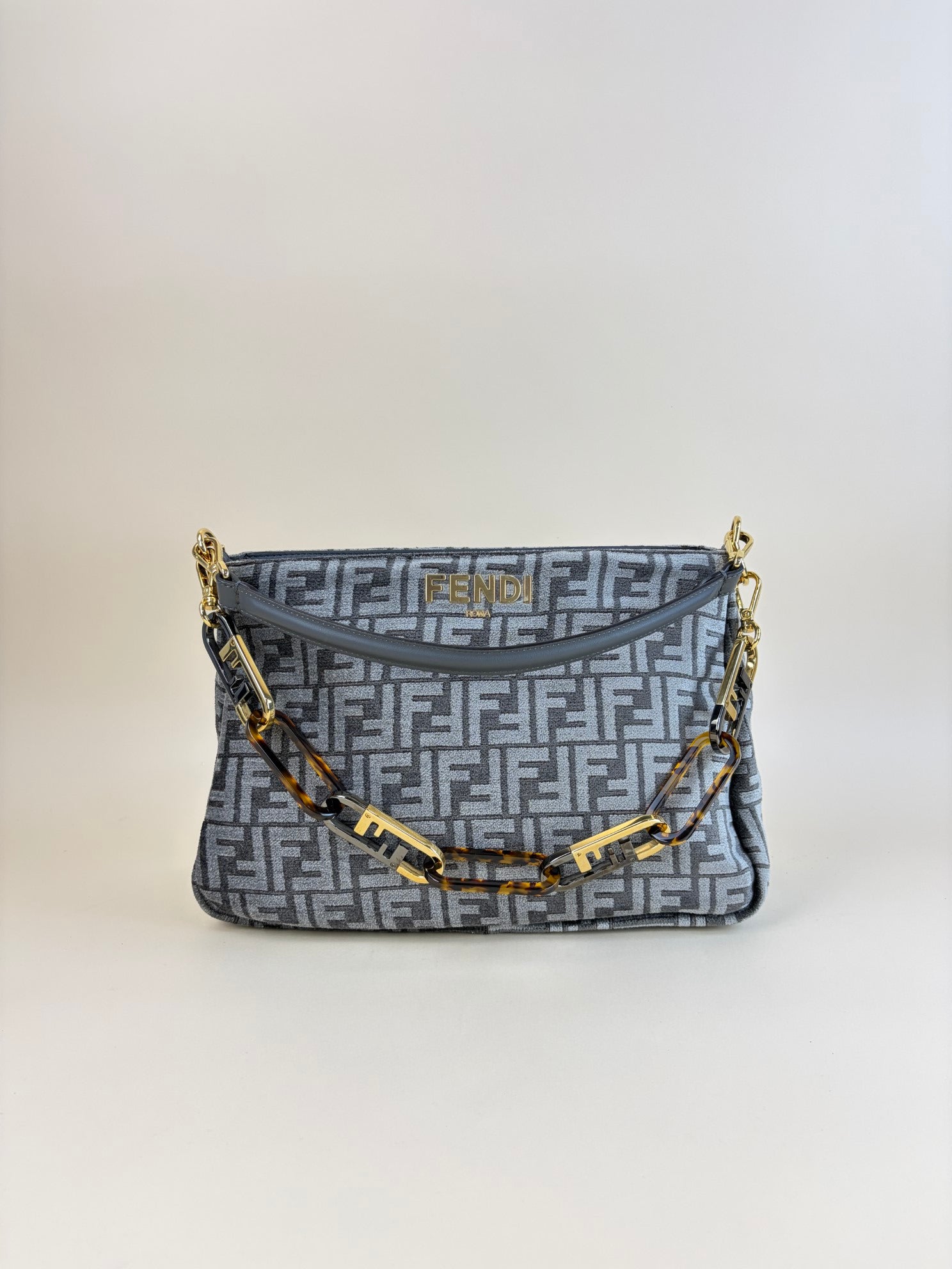 Fendi Dark Grey Chenille Vitello Seta Plexiglass FF-Fendi O,Clock Zipper Shoulder Bag