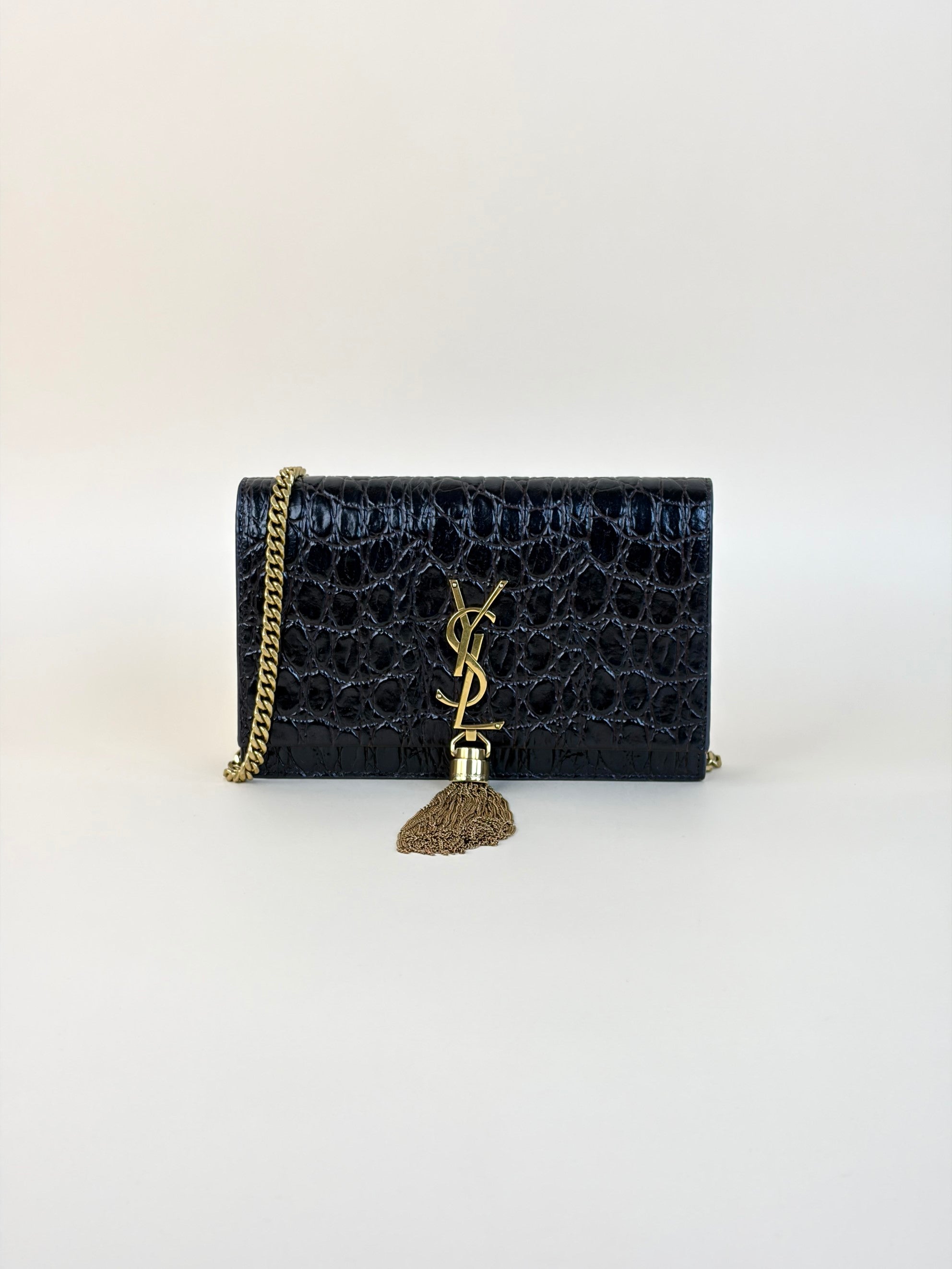 YSL Black calfskin dark-brown crocodile embossed Kate tassel chain wallet