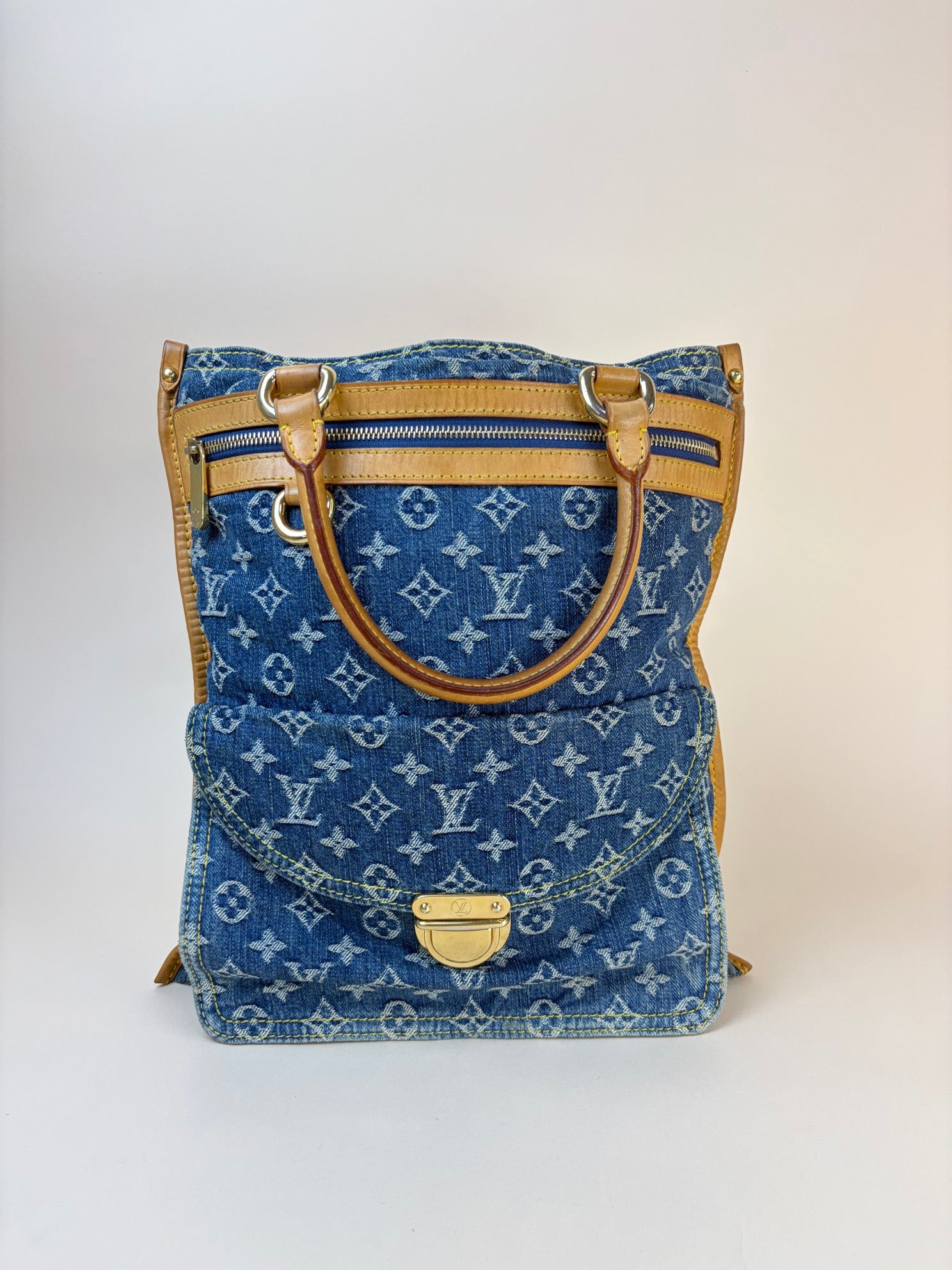louis Vuitton blue monogram denim sac plat tote bag