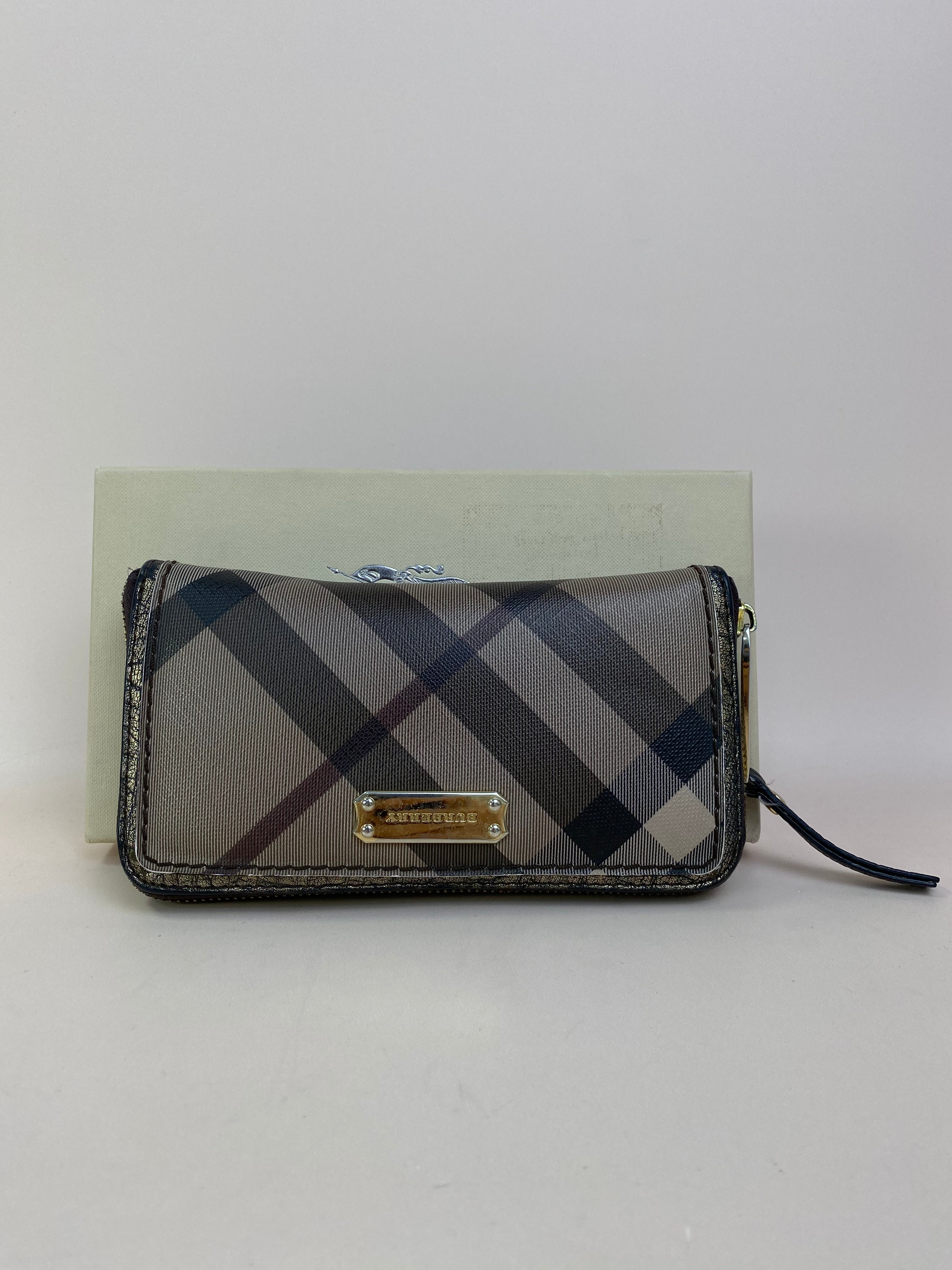 Burberry Bicolor Smoked Women Check Zip Around Large Wallet