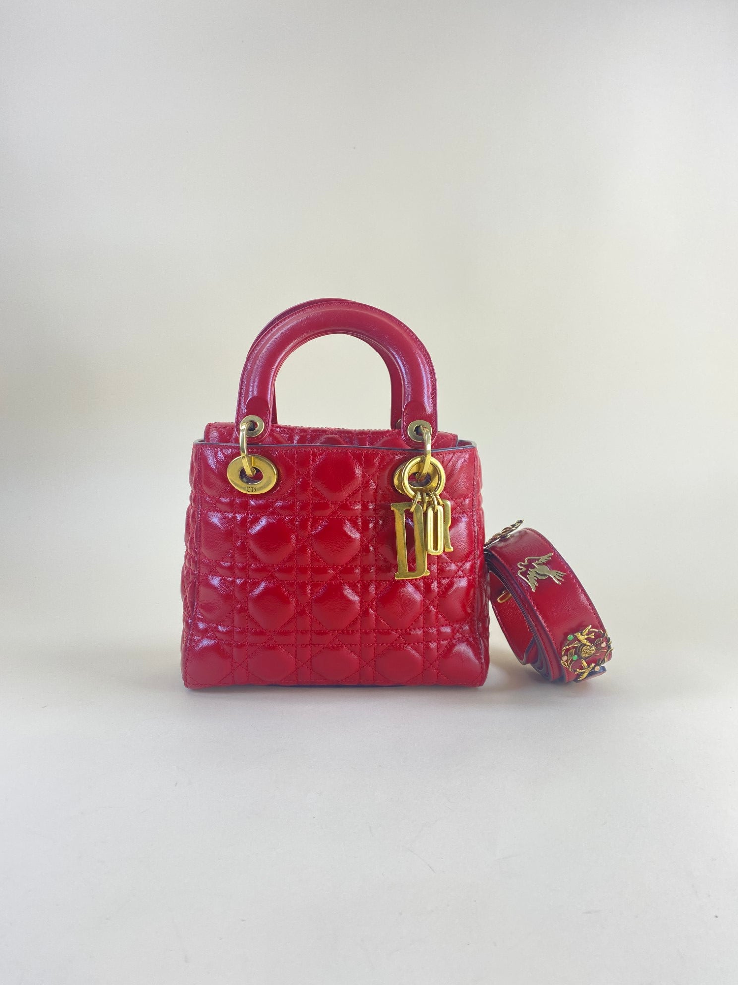 Christian Dior crinkeld patent small lucky red lady Dior with strap